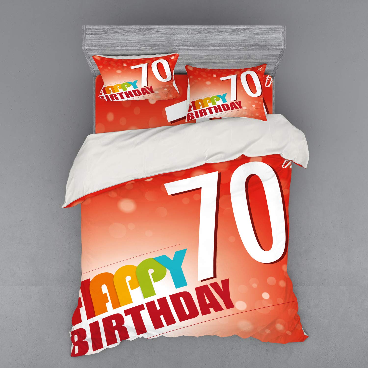 Ambesonne 70th Birthday Bedding Set - Vibrant Abstract Print Duvet Cover with Birthday Wishes, 4-Piece Queen Size Set Includes Shams & Fitted Sheet in Red & Orange - Perfect for Birthday Parties & Guest Room Decor