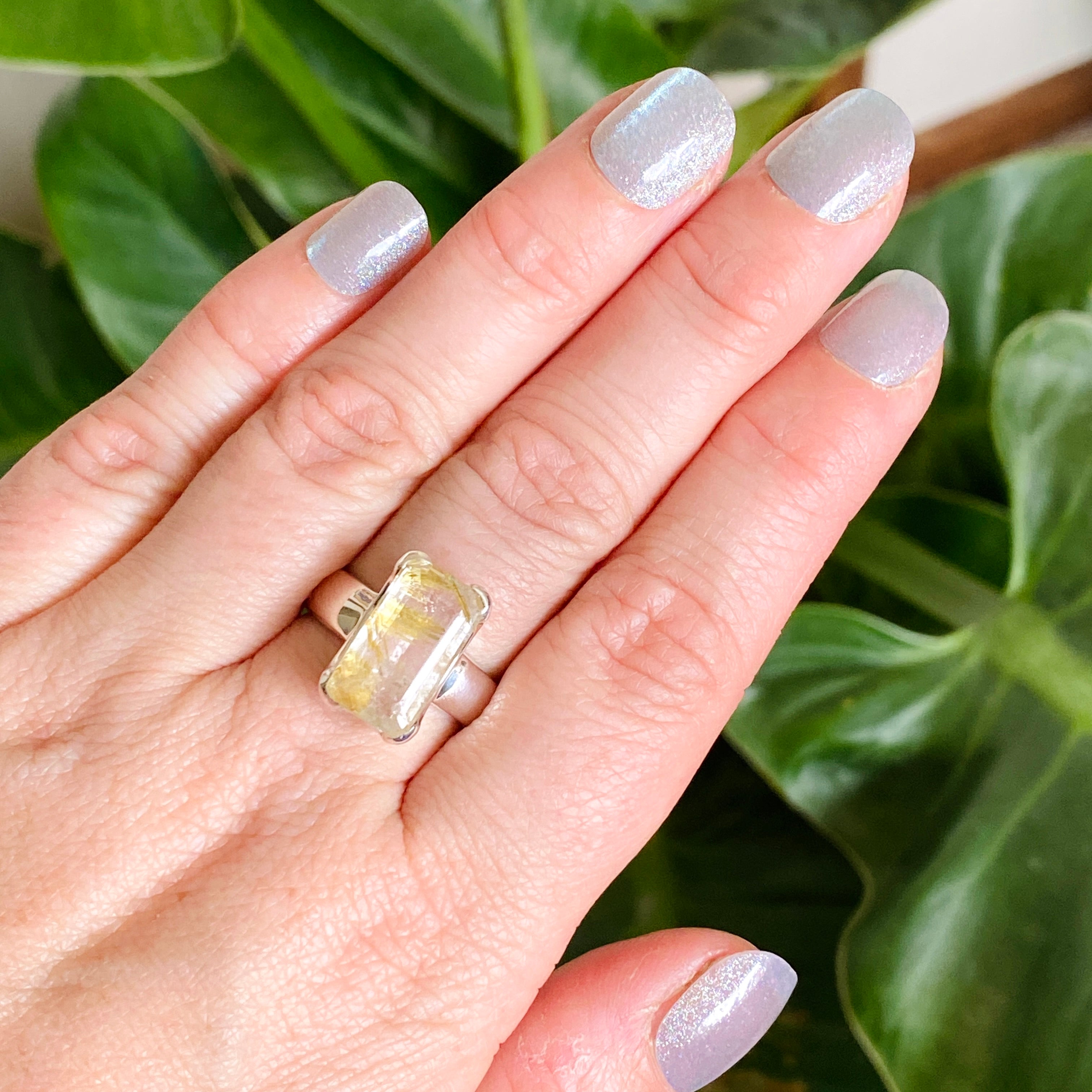 Rutilated Quartz Faceted Rectangular Ring Size 8 - Elegant Gold Jewelry for Women, Perfect for Weddings & Special Occasions