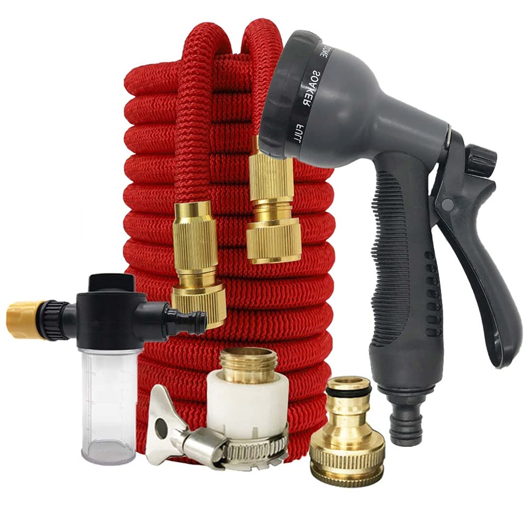 Expandable 100FT Garden Hose - Flexible & Lightweight Magic Water Hose for Lawn, Car Washing & Outdoor Cleaning (Red with Foam Cover)