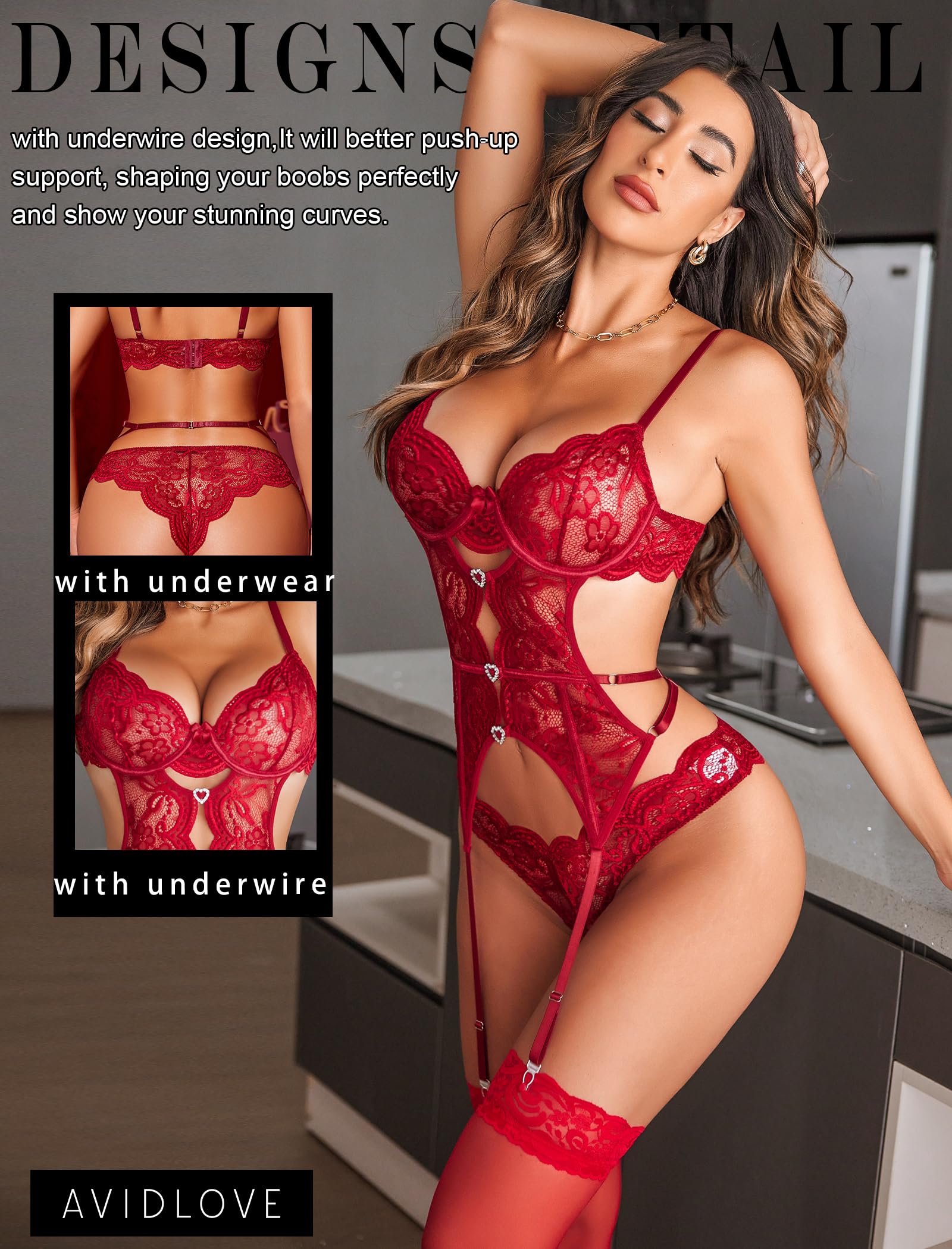 **Avidlove Women's Sexy Lace Garter Lingerie Set - Rhinestone Underwire Teddy Bodysuit with Panty (No Stockings) | Valentine's Day, Bridal, Boudoir, Romantic Nights**