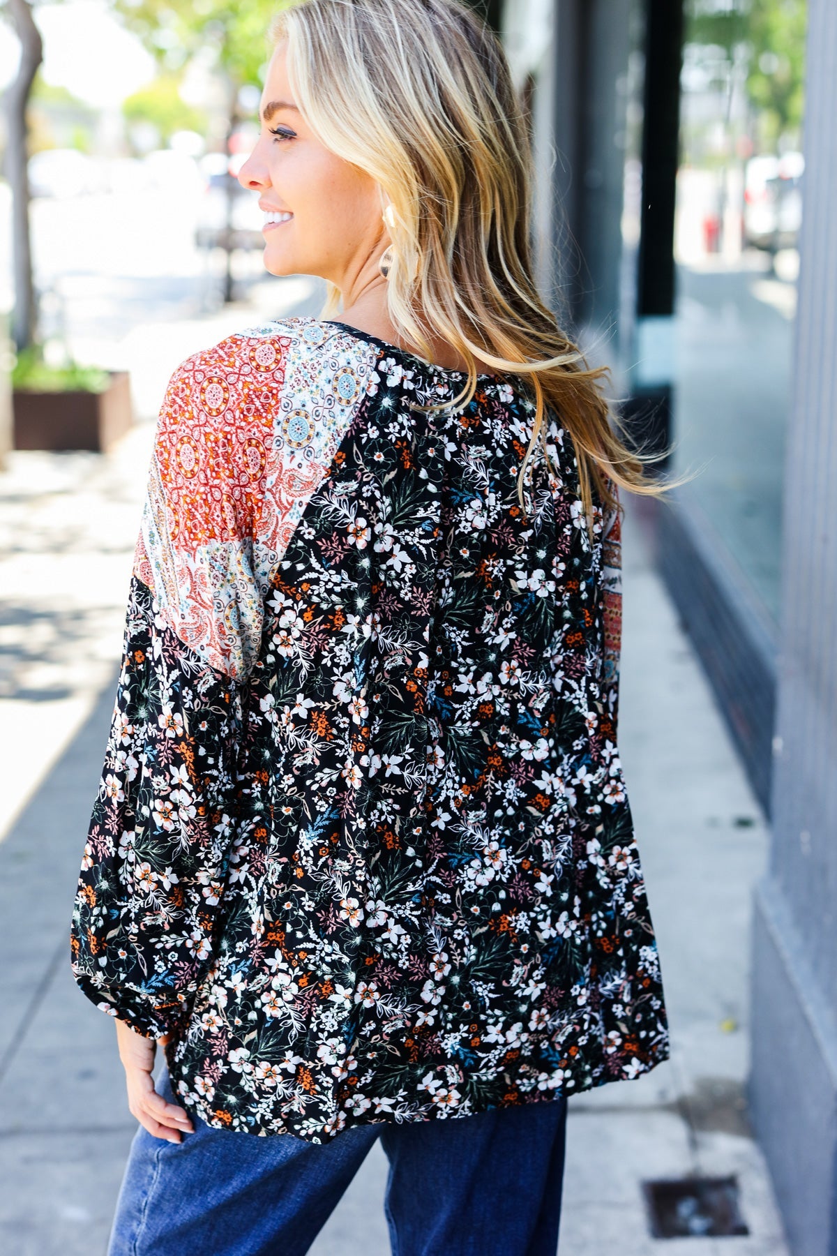 Boho Floral Ethnic Print Front Tie Woven Blouse for Women | Summer Casual Tops | Perfect for Beach, Vacation & Festival Outfits