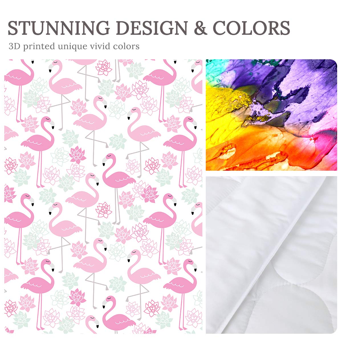 Luxury Pastel Pink Flamingo Queen Size Comforter Set - 4 Piece Soft All Season Bedding with Lotus Flower Design (1 Comforter, 2 Pillow Shams, 1 Throw Pillow Cover) - Perfect for Master Bedroom, Guest Room & Tropical Themed Decor