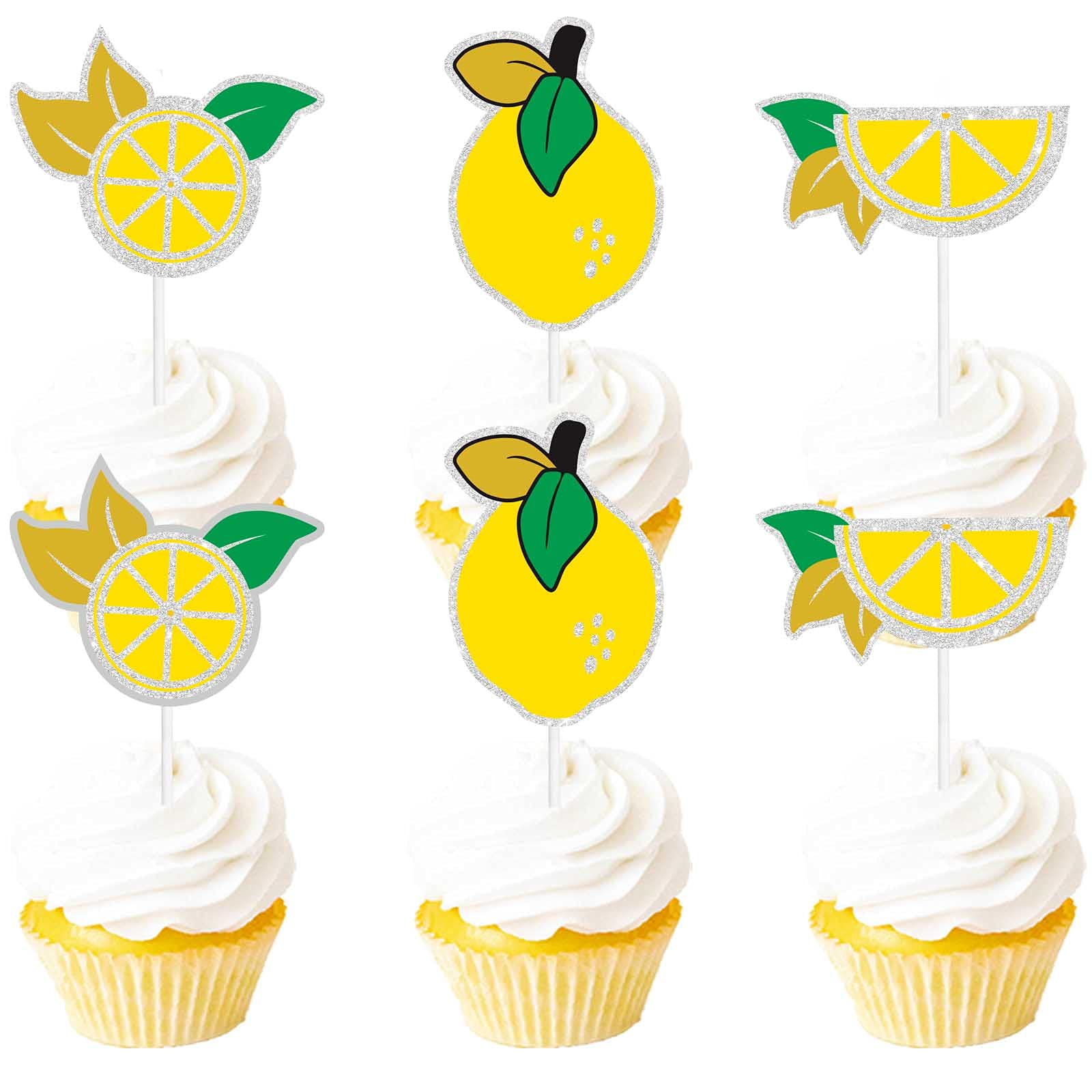 Gold Glitter Lemon Cupcake Toppers - 18pcs Summer Fruit Dessert Decorations for Baby Showers, Birthday Parties & Themed Events - Perfect for 'Main Squeeze' Party Decor, Boy or Girl Celebrations