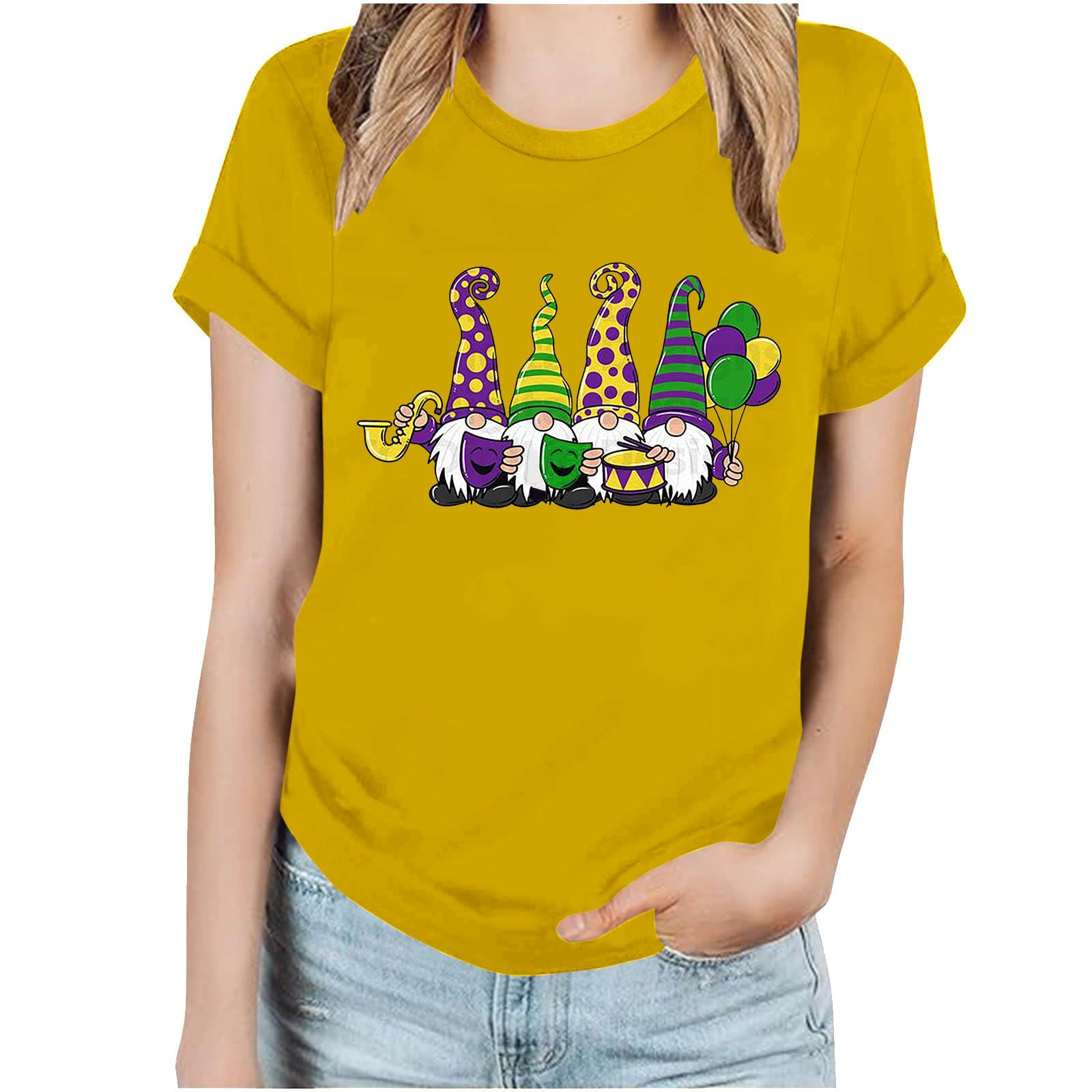 Funny Mardi Gras Print T-Shirts for Women - Short Sleeve Carnival Theme Tops with Round Neck - Perfect for Mardi Gras Parties, Costume Events & Festive Celebrations