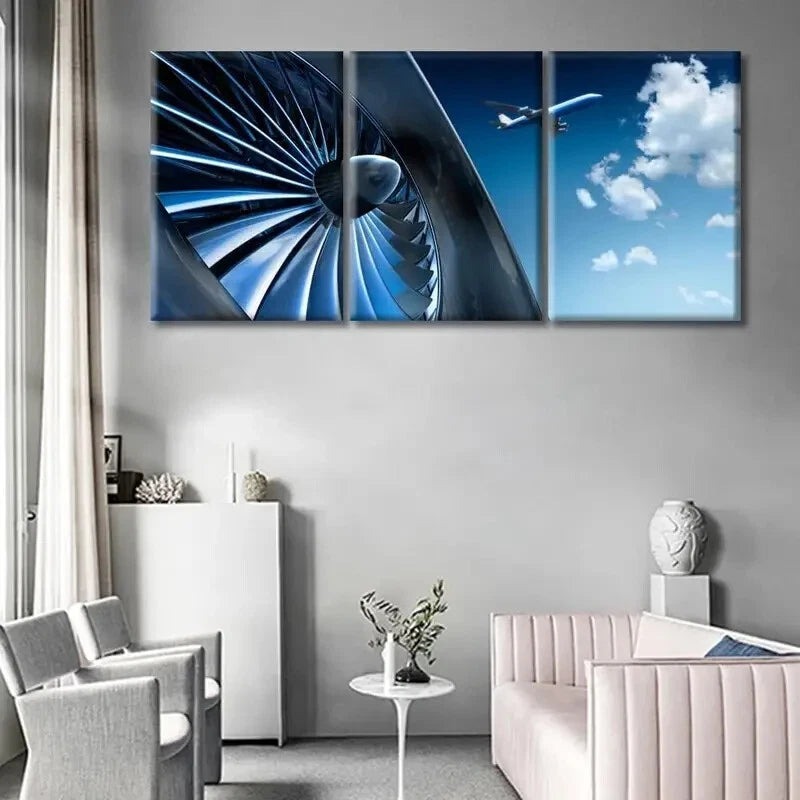 3-Piece Airplane Turbine & Sky Aviation Metal Wall Art - Ready to Hang, Modern Home & Office Decor for Aviation Enthusiasts & Pilots