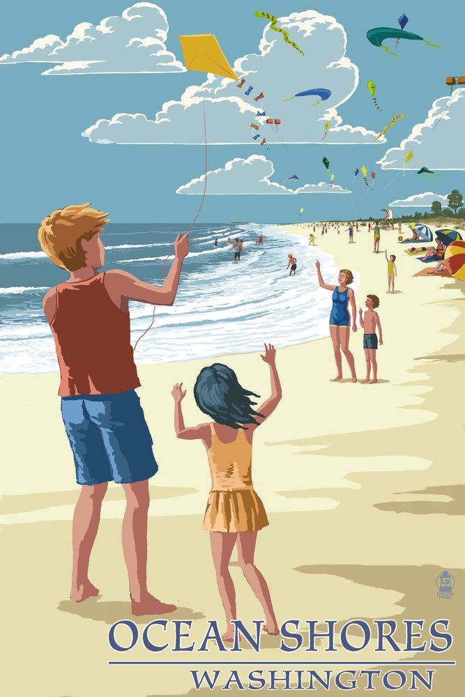 Ocean Shores Washington Signed Art Print - 24x36 Wall Decor Poster of Children Flying Kites | Coastal Home Decor, Beach House Wall Art, Living Room & Bedroom Decoration