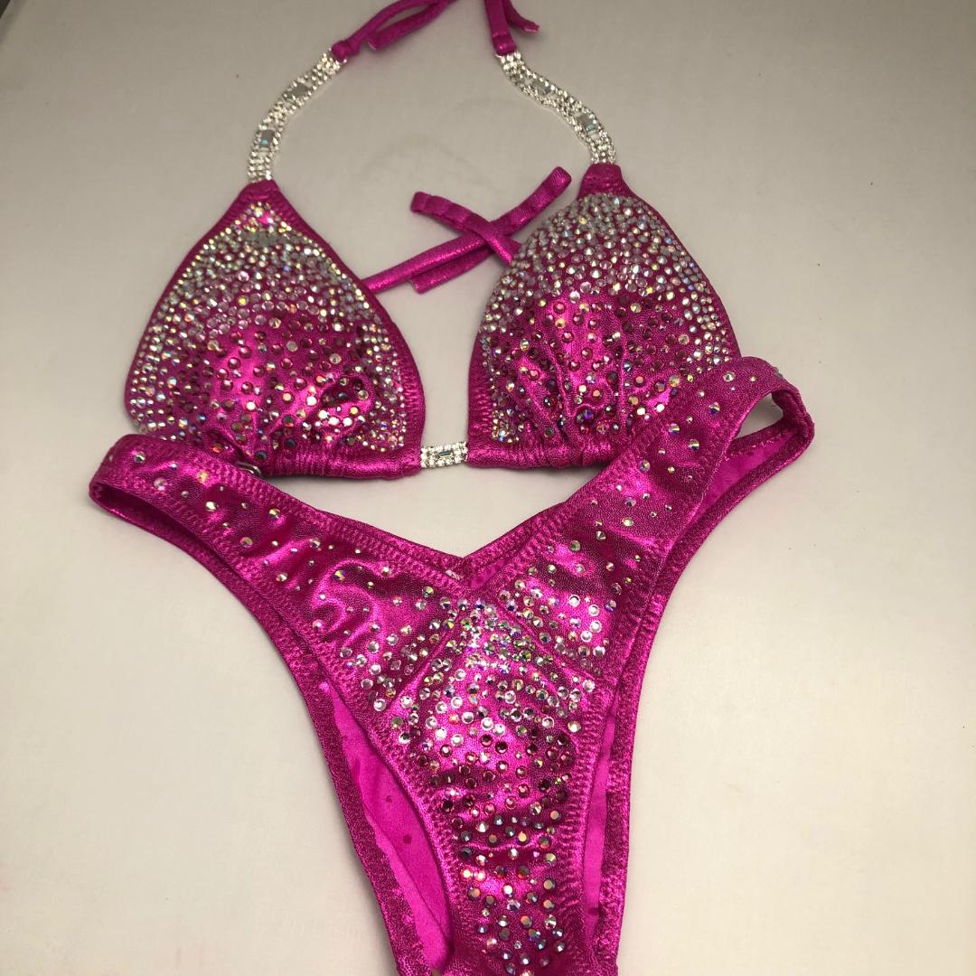Hot Pink Rhinestone Figure Bikini - Competition Posing Suit for Physique & Fitness Shows | Perfect for Bodybuilding, Bikini Contests & Beachwear