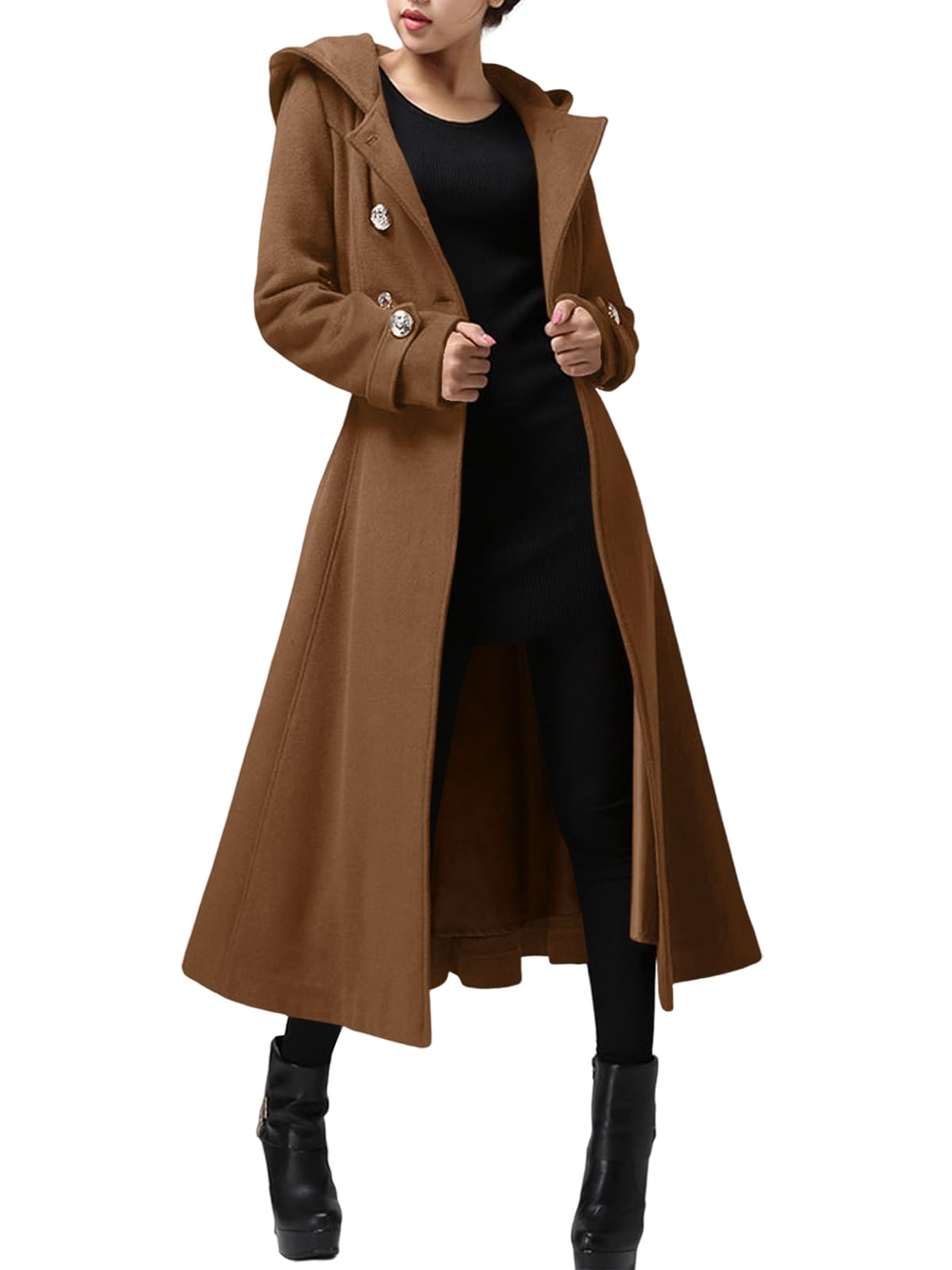 Cicy Bell Women's Long Double-Breasted Hooded Wool Coat with Belt - Warm Winter Trench Coat for Office, Travel & Outdoor Activities