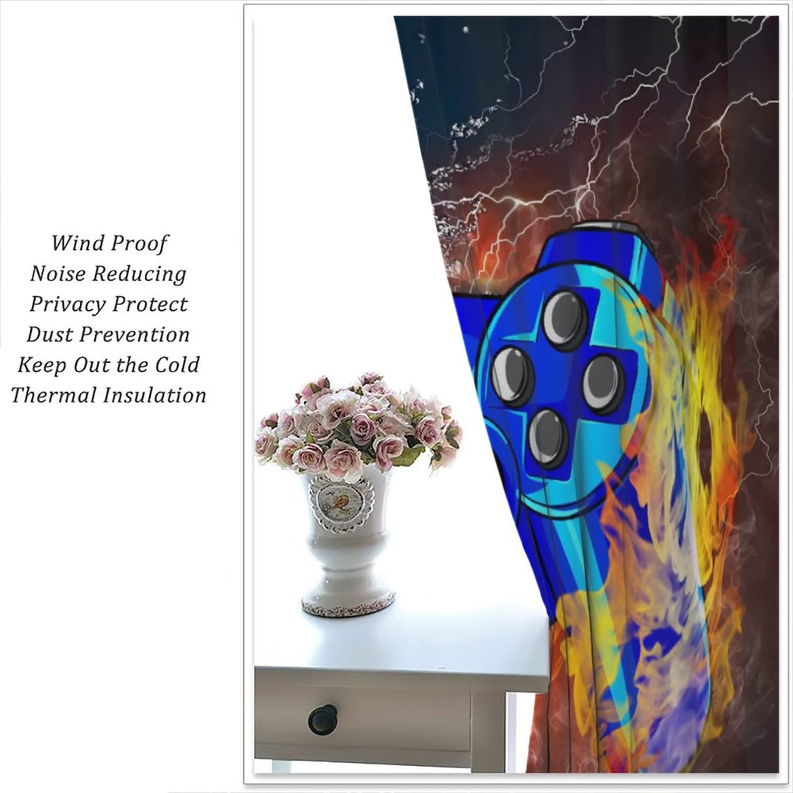 Video Game Controller Gamer Curtain - Fire & Water Design Blackout Window Drapes for Boys Girls Teens Bedroom (42x54 Inches) - Perfect for Gaming Rooms, Kids' Bedrooms & Man Caves