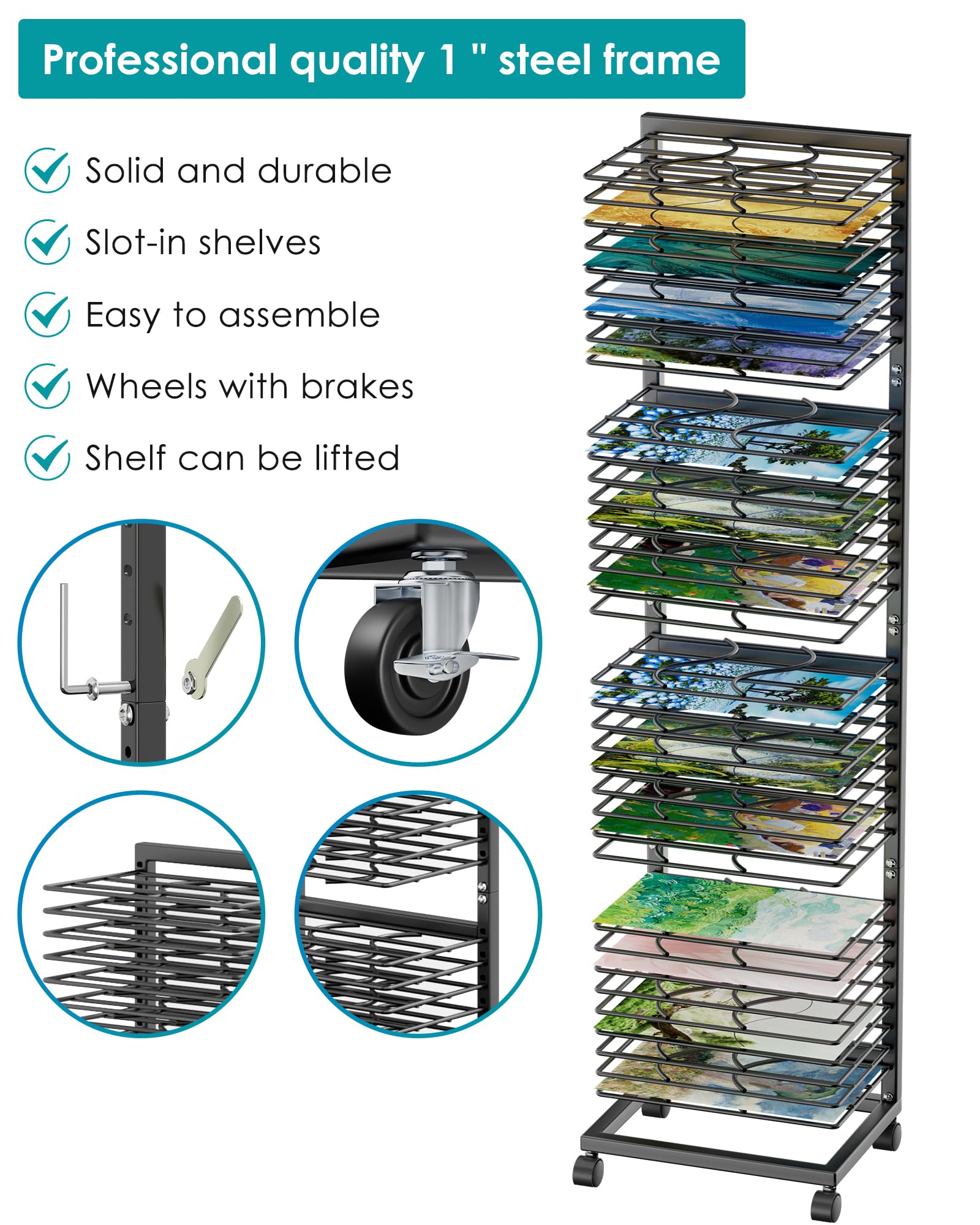 36-Shelf Metal Art Drying Rack with Lockable Wheels | Heavy-Duty Paint Storage Organizer for Art Studios, Classrooms & Schools | Perfect for Drying Paintings, Ceramics & Student Art Projects