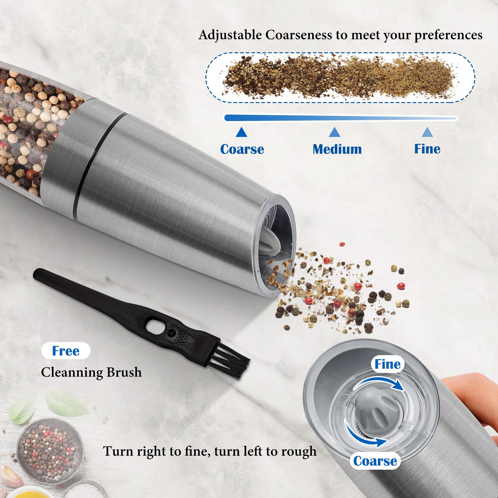 Premium Electric Salt and Pepper Grinder Set - Battery Powered with LED Light, One-Hand Automatic Operation, Adjustable Coarseness - Perfect for Kitchen, Dining Table & Outdoor BBQ (Black/Silver, 2-Piece Set)