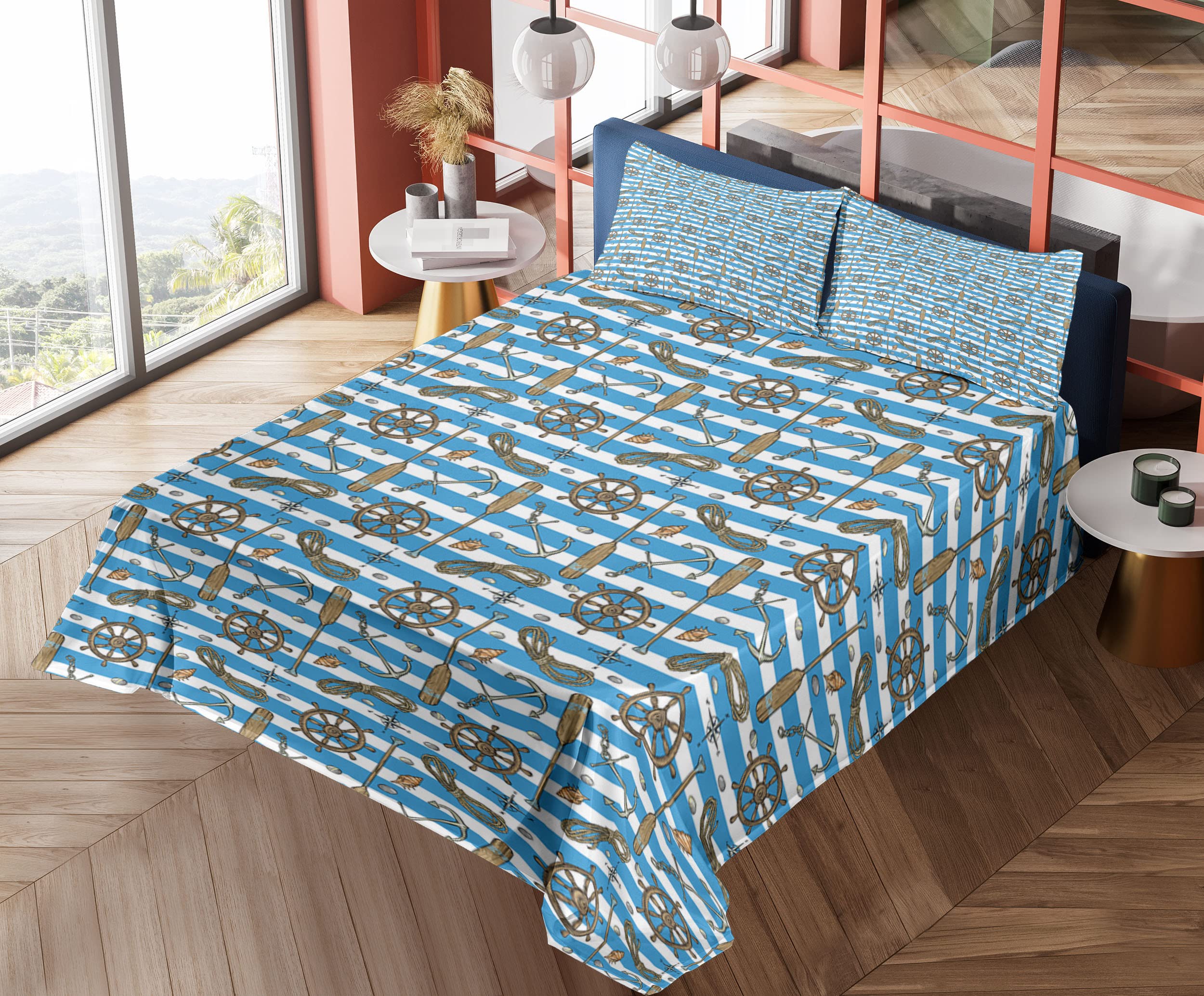 Ambesonne Nautical Queen Size 4-Piece Sheet Set - Sailor Stripes Design with Fitted Sheet, Flat Sheet & 2 Pillowcases - Cruise & Maritime Themed Bedding in Brown Blue White | Perfect for Beach House, Boat Cabin or Nautical Nursery Decor