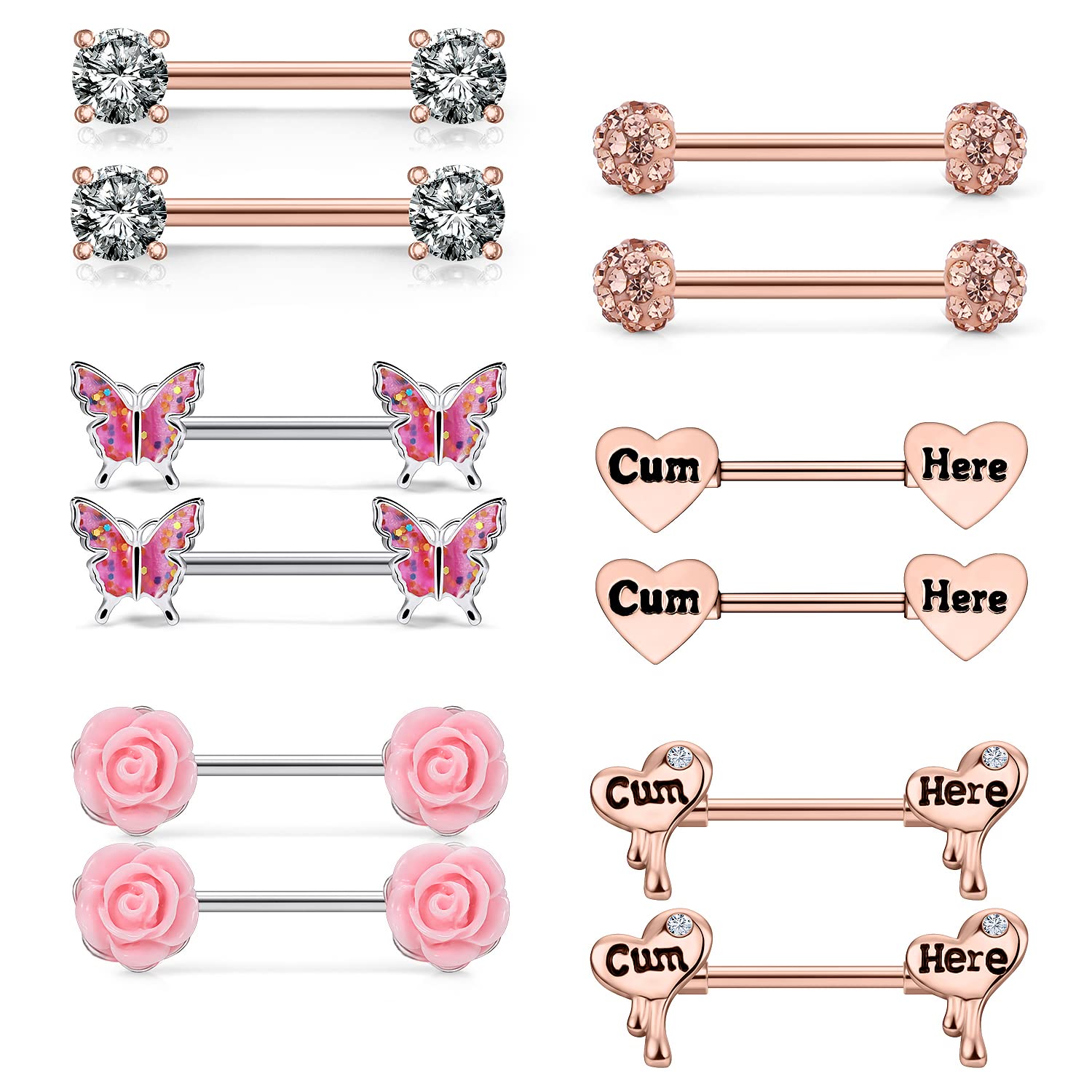 Vsnnsns 14G Surgical Steel Nipple Rings for Women - 6 Pairs Flower & CZ Heart Butterfly Nipple Jewelry Set | Body Piercing Jewelry for Everyday Wear, Parties & Special Occasions