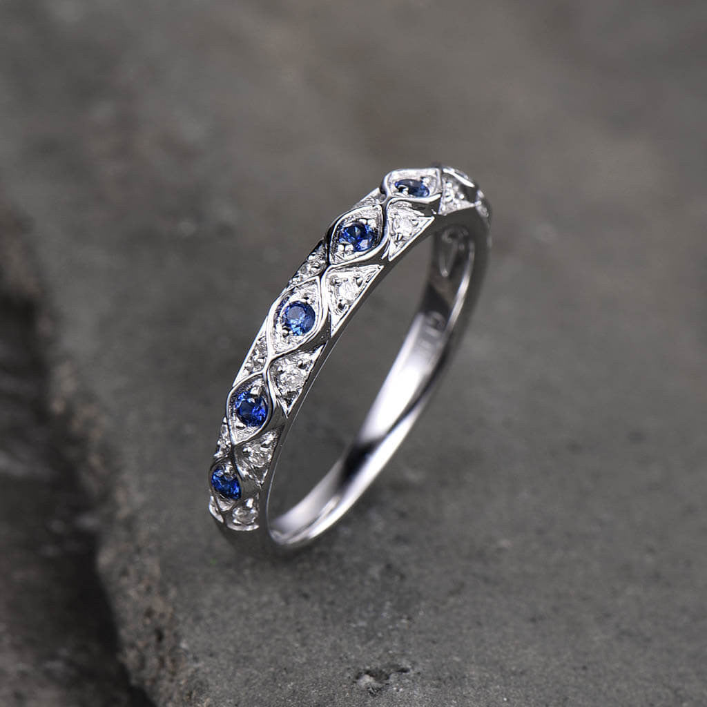 Vintage Sapphire and Diamond Wedding Band for Women - 14K White Gold Stackable Half Eternity Ring - Perfect for Bridal Jewelry, Anniversary Gifts & Stacking Rings Collection