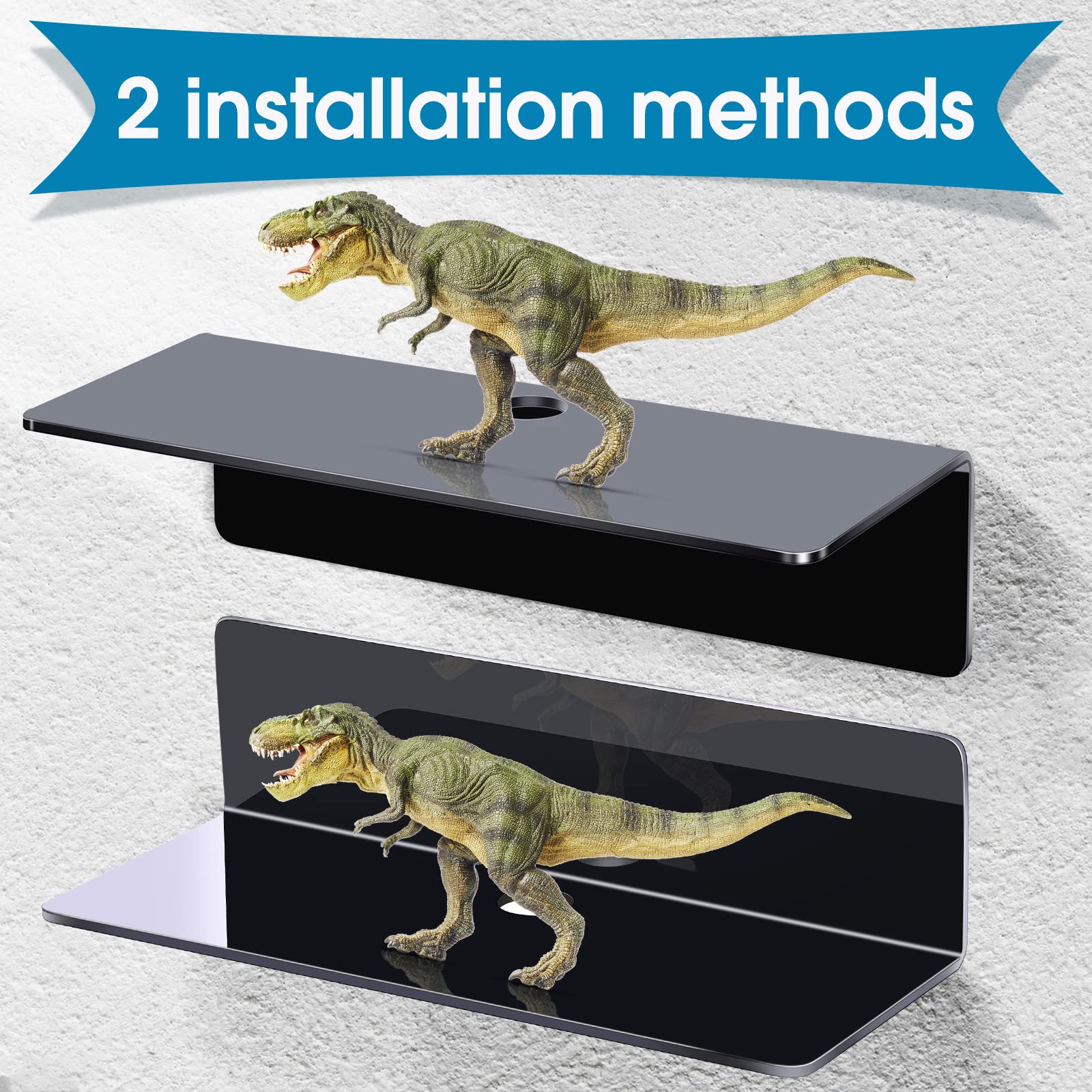Maitys 8-Pack Clear Acrylic Floating Shelves - 9 Inch No Drill Wall Mounted Display Shelves for Home & Office - Strong Adhesive Backing - Perfect for Living Room, Bathroom, Bedroom & Kitchen Decor (Black) | Ideal for Organizing Books, Plants, Photos & Decorative Items