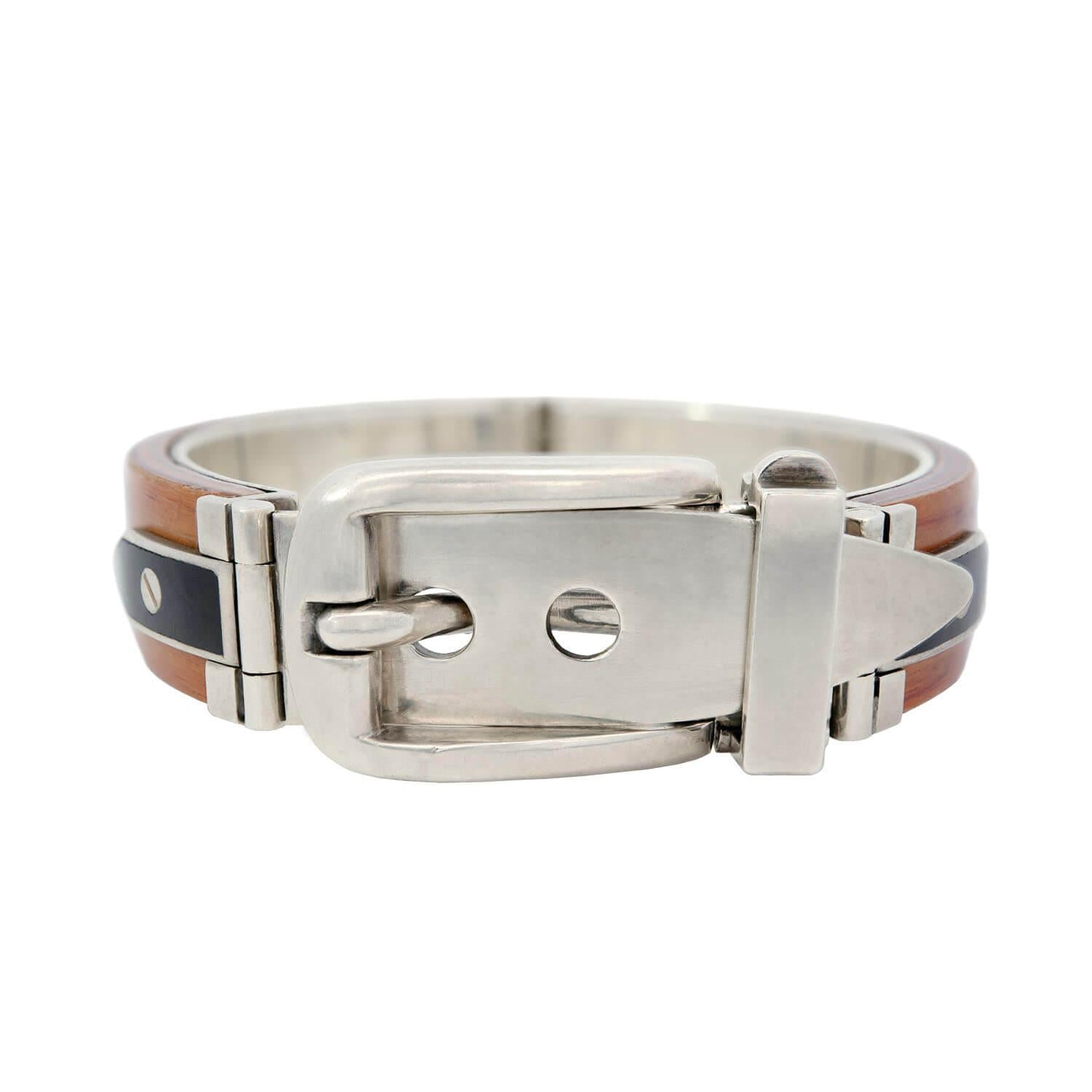 Vintage Gucci Sterling Silver Wood Enameled Buckle Bracelet for Women - Luxury Fashion Jewelry Gift for Her - Perfect for Parties, Weddings & Special Occasions