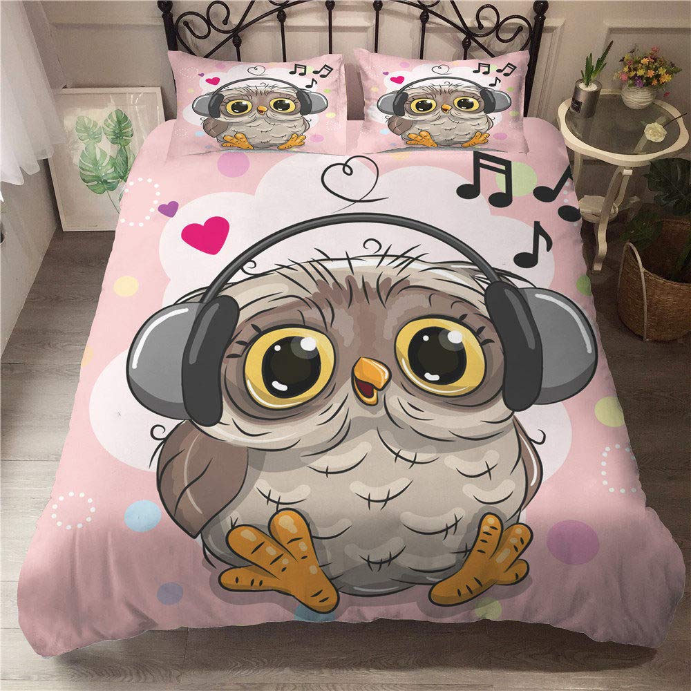 3D Printed Owl Pattern Music Headphones - Queen Size Animal Print Bedding Set, Twin Polyester Duvet Cover for Bedroom Decor (228x228cm) - Perfect for Kids' Rooms, Themed Bedrooms & Cozy Home Styling