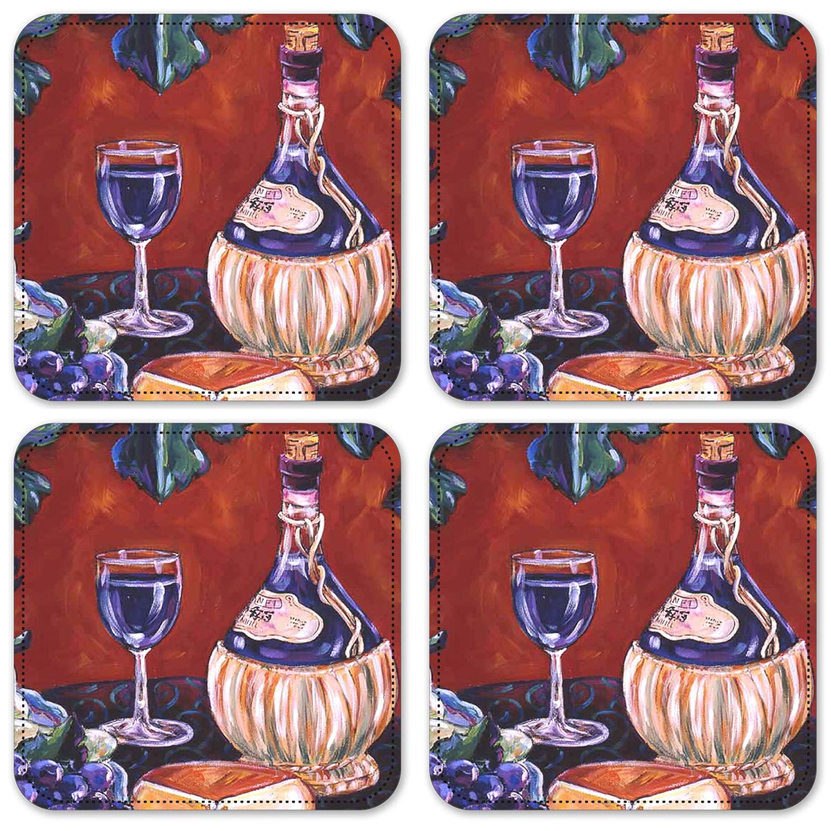 Premium Vinyl Drink Coasters Set of 4 - Non-Slip Chianti Wine Design - Perfect for Coffee Tables, Bars, and Home Decor