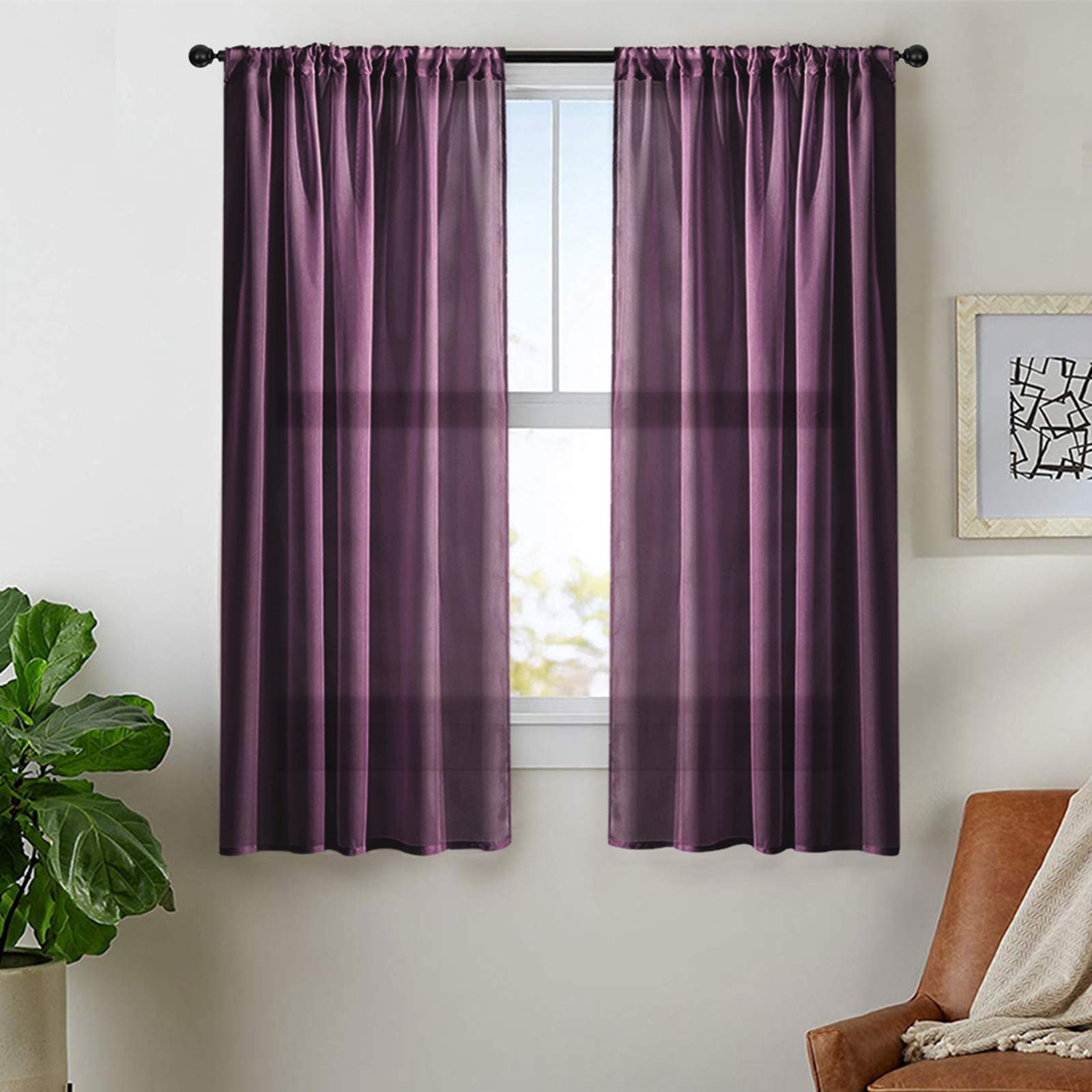 MRTREES Sheer Curtains 54 Inch Long - Light Filtering Voile Window Panels (Set of 2) with Rod Pocket for Bedroom & Living Room | Elegant Plum Sheer Drapes for Privacy & Soft Sunlight