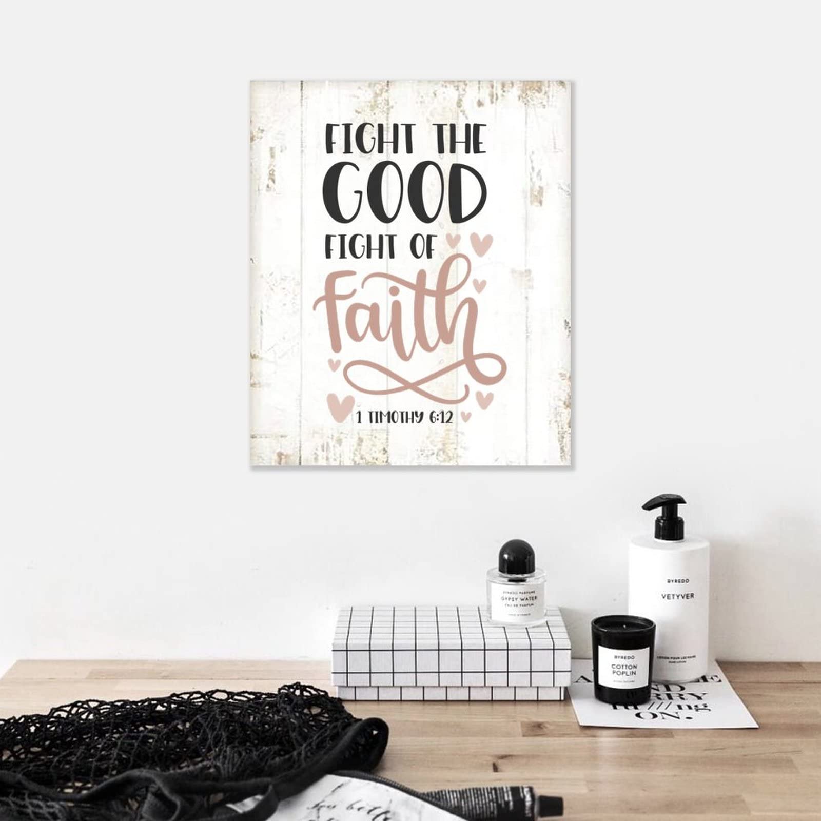 Fight The Good Fight of The Faith Wood Sign - 1 Timothy 6:12 Bible Verse Christian Wall Art - Rustic Wooden Plaque for Home Decor - Inspirational Gift for Living Room, Kitchen, Office & Church Decorations