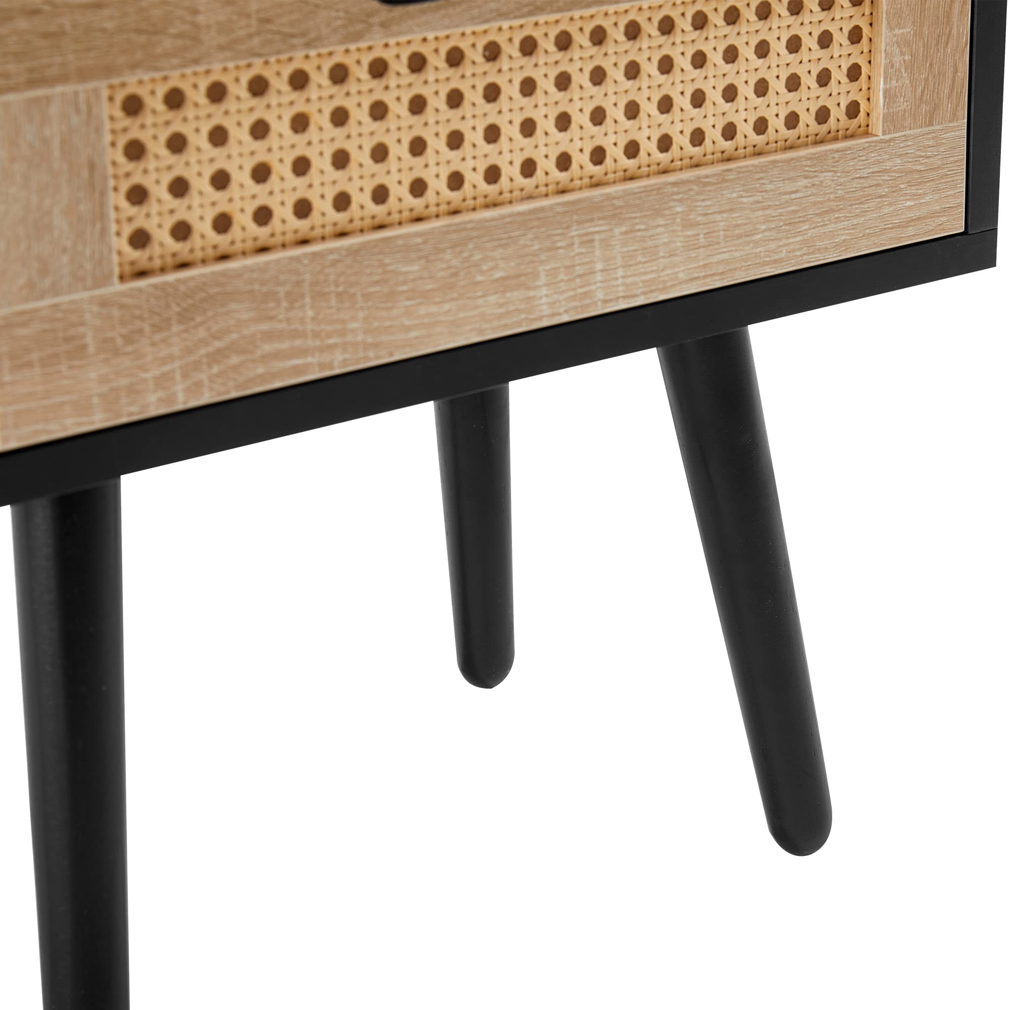 2-Piece Rattan Nightstand Set with Power Outlet & USB Ports - Boho Bedside Table with Solid Wood Legs & Drawer - Modern End Table for Bedroom, Living Room (Black) - Perfect for Charging Devices & Bedroom Organization