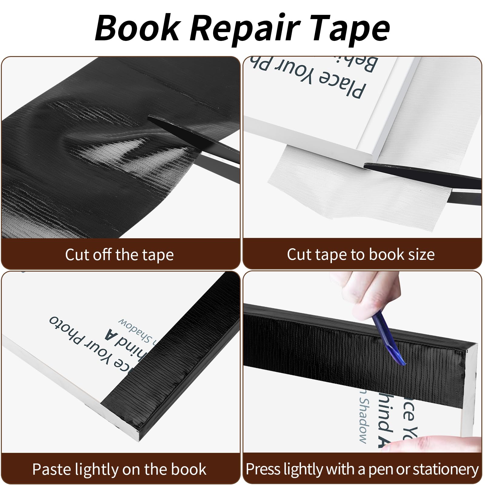 4 Inch Black Book Binding Tape - 540 Inch Cloth Book Repairing Tape for Hardback, Paperback & Stitched Books - Library Supplies, Office & Arts Crafts - Perfect for Covering Broken Spines & Book Restoration    (Ideal for repairing old books, DIY bookbinding, scrapbooking, and protecting valuable book collections)