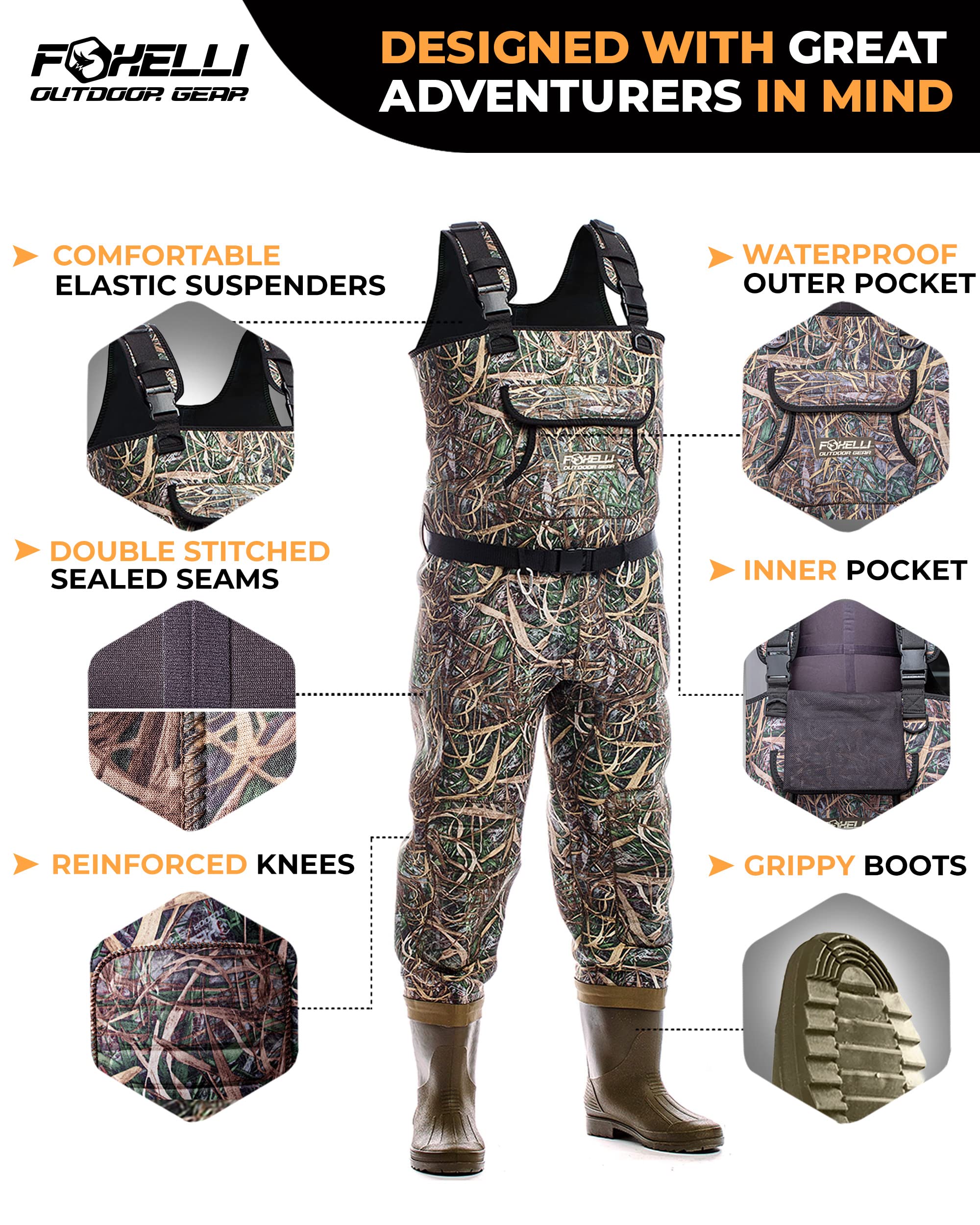 Foxelli Chest Waders for Men & Women - 4mm Neoprene Waterproof Fishing & Hunting Waders with Boots - Ideal for Fly Fishing, Duck Hunting & Outdoor Adventures