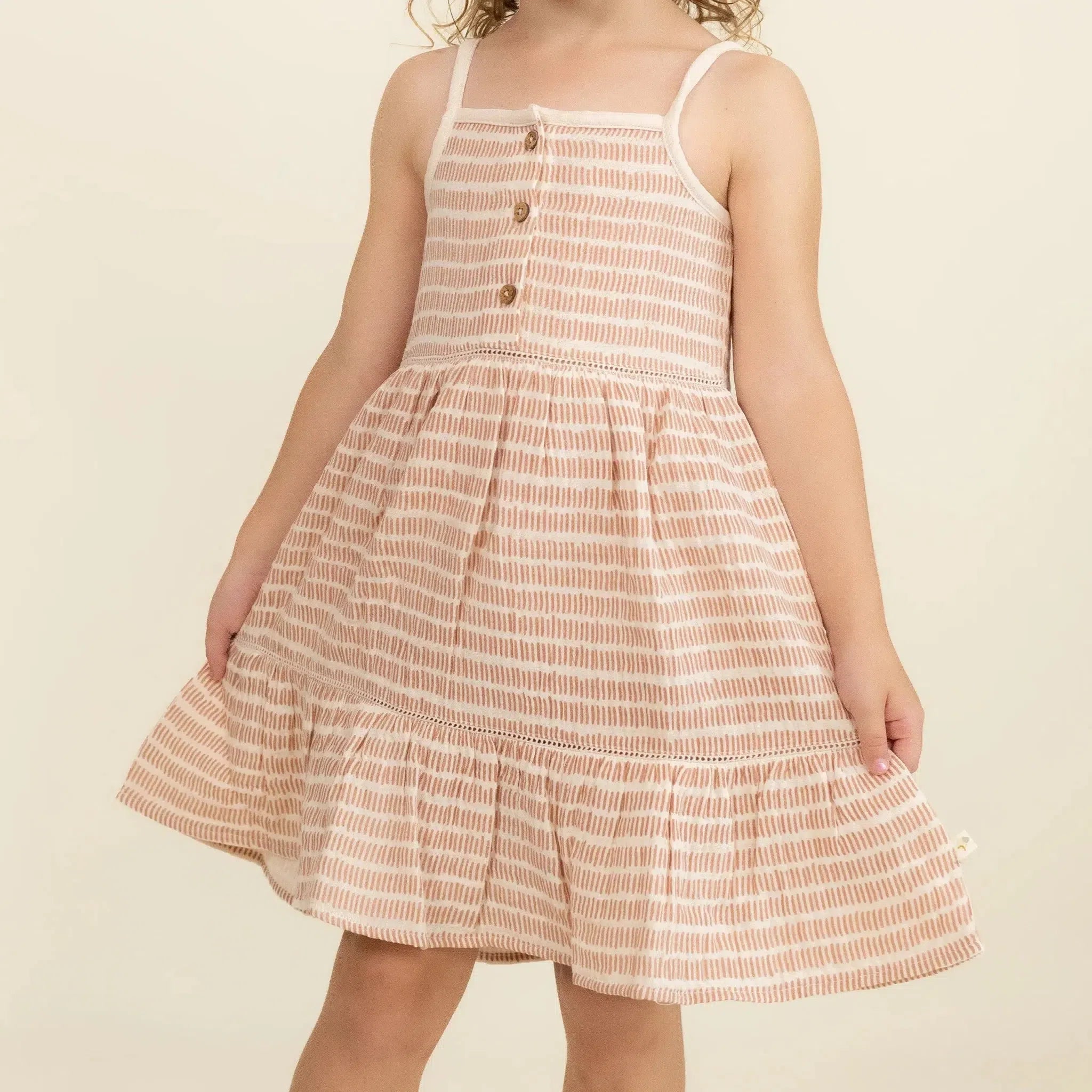 Makemake Organics Women's Button Tiered Dress with Dash Lines - Perfect for Casual Outings, Office Wear & Summer Parties