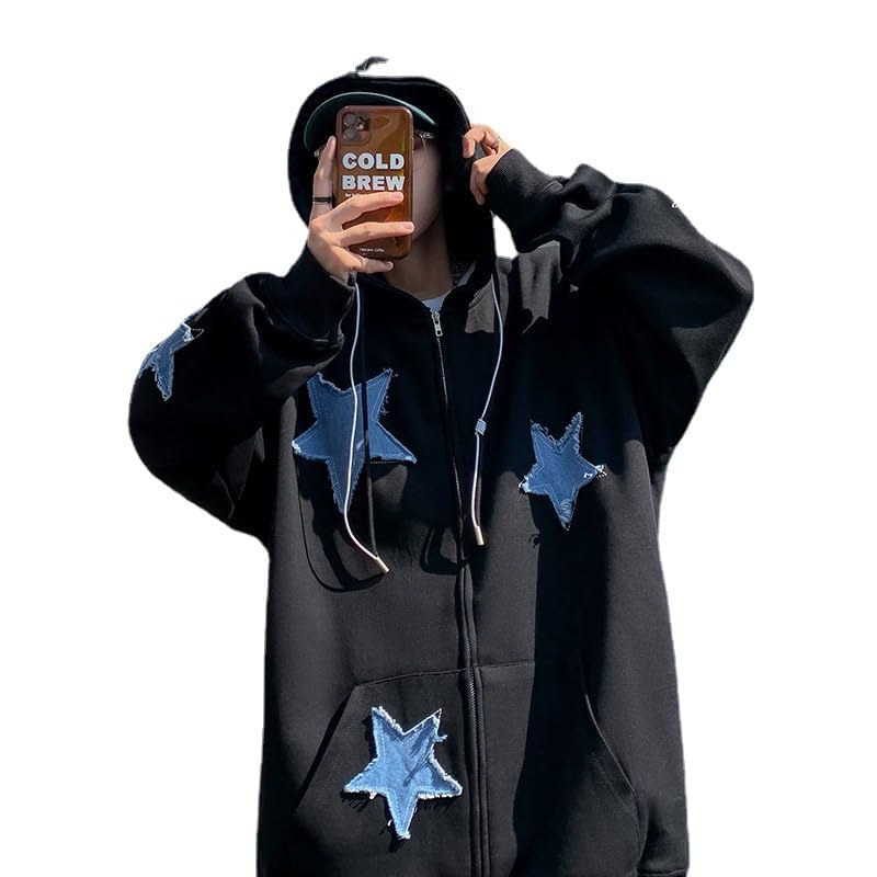 Y2K Oversized Star Patch Zip-Up Hoodie for Men & Women - Graphic Streetwear Sweatshirt Jacket | Perfect for Casual Wear, Street Fashion & Retro Style Outfits