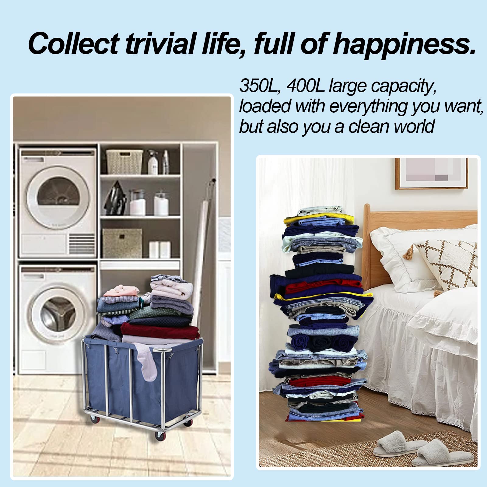Heavy Duty Commercial Laundry Cart with Wheels - 12 Bushel (400L) Collapsible Rolling Laundry Hamper - Industrial Large Waterproof Laundry Basket for Home, Hotel & Hospital Storage - Perfect for Organizing Clothes, Linens & Bulk Laundry Transport