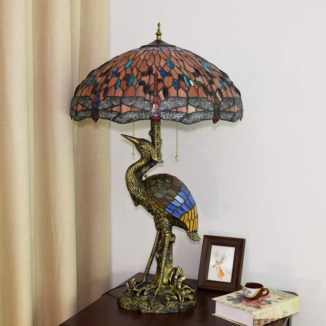 Tiffany Style Red Dragonfly Table Lamp - 20 Inch Crystal Beads Stained Glass Desk Lamp with Bird & Crane Design for Living Room, Bedroom, Office | Perfect for Home Decor, Reading Light & Nightstand Lighting