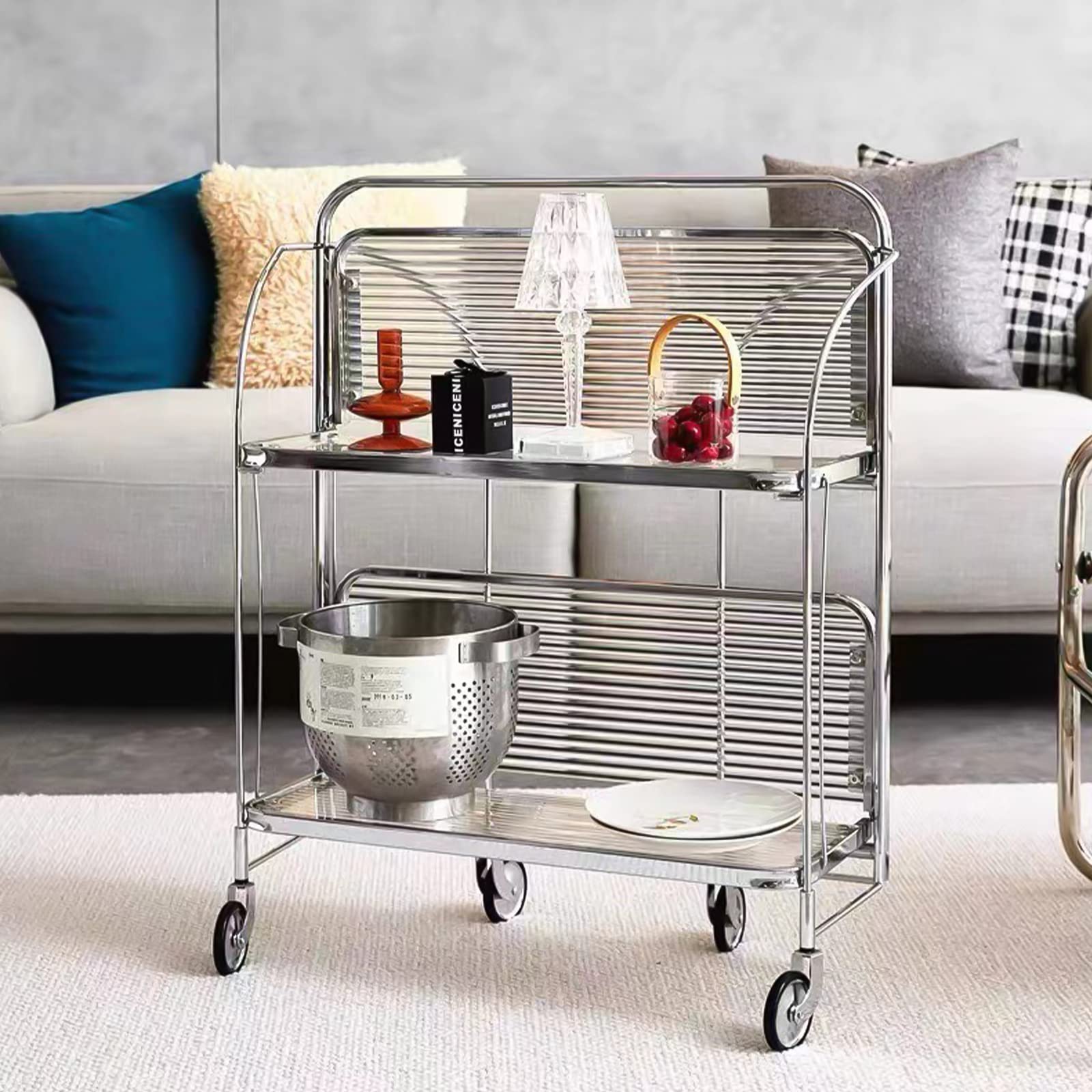 2-Tier Bar Cart with Tempered Glass Top & Metal Frame - Mobile Serving Cart with Wheels for Home, Kitchen, Bar or Commercial Use - Perfect for Cocktail Parties, Living Room Decor & Beverage Serving