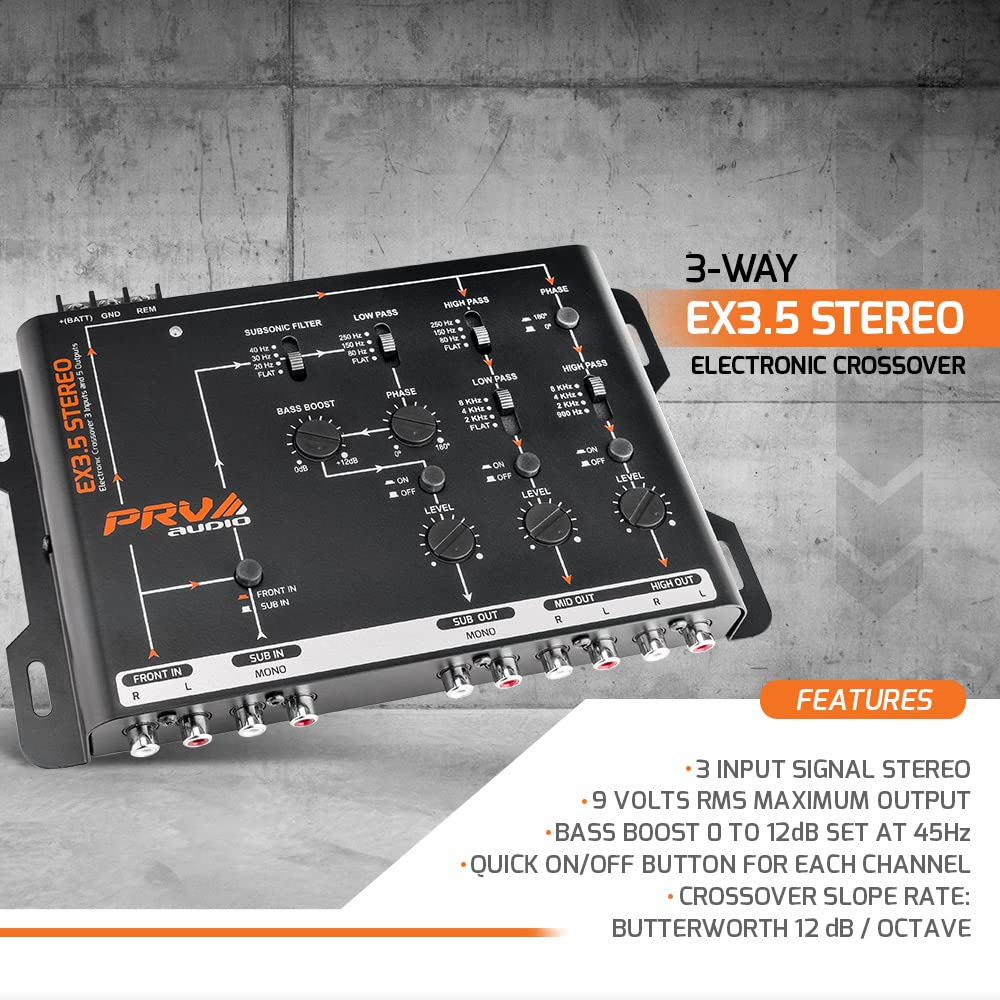 PRV Audio EX3.5 3-Way/2-Way Electronic Crossover - 9V Car Audio Processor with 4 Input & 6 Output RCA Channels for Enhanced Stereo Sound | Perfect for Car Audio Systems, Home Theater Setups & Professional DJ Equipment
