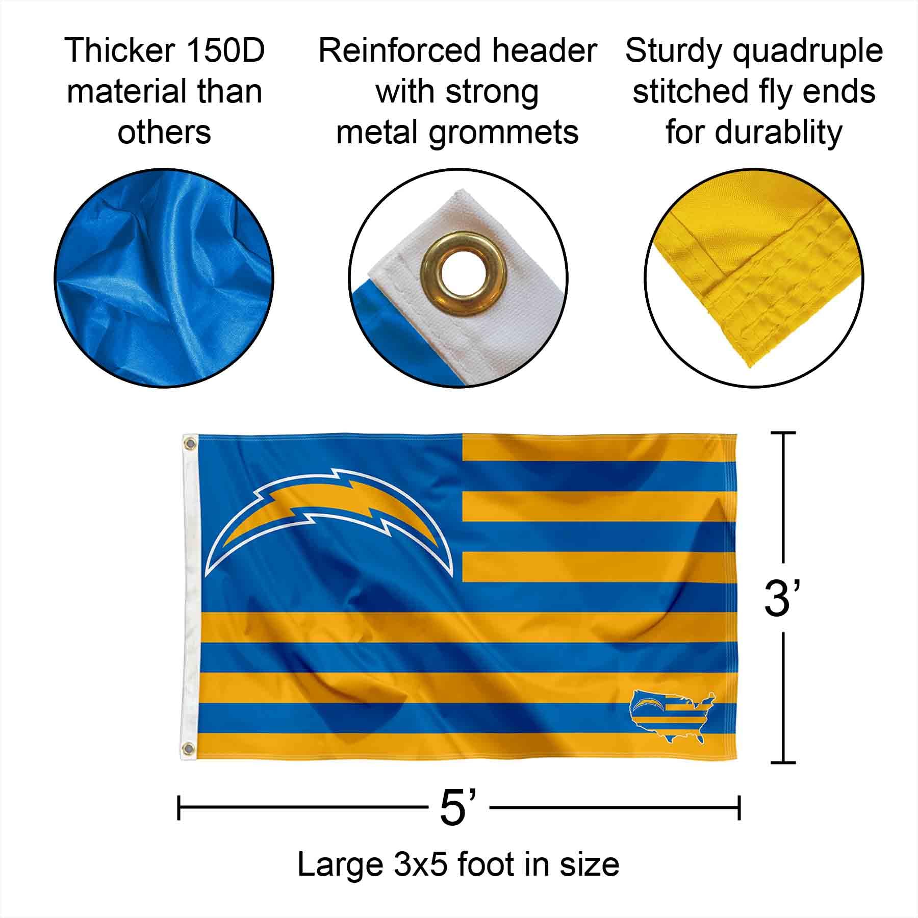WinCraft Los Angeles Chargers 3x5 Feet American Flag with Grommets - Perfect for NFL Tailgating, Home Decor & Outdoor Sports Events