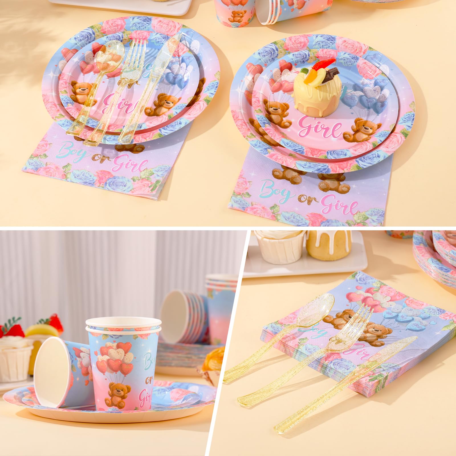Baby Bear Gender Reveal Party Supplies Set - 24-168PCS Plates, Cups & Napkins for Gender Announcement Celebrations | Perfect for Baby Showers, Nursery Decor & Social Media Reveals