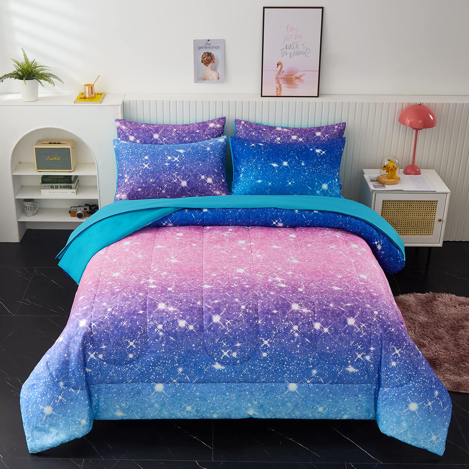 **Iron Blue Glitter Comforter Set for Girls & Women - Queen Size 5-Piece Bed in a Bag, Ultra Soft Microfiber Comforter & Sheet Set - All-Season Durable Bedding for Cozy Sleep & Stylish Bedroom Decor**