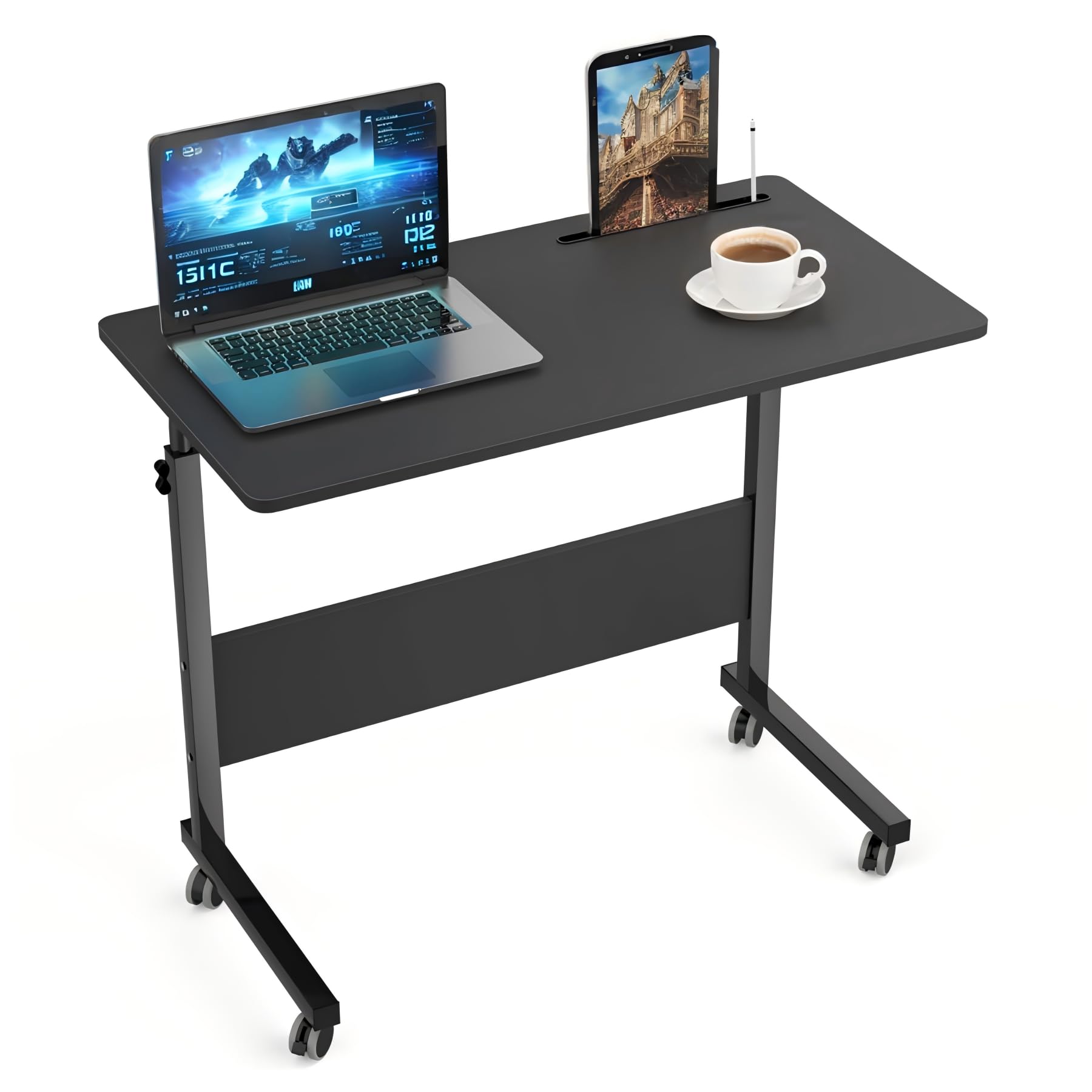 Soges Adjustable Rolling Laptop Desk Cart - 31.5 Inch Mobile Sofa Side Table with Tablet Slot, Portable Standing Laptop Table for Couch, Bed, and Office, Black - Perfect for Home, Office, and Dorm Use