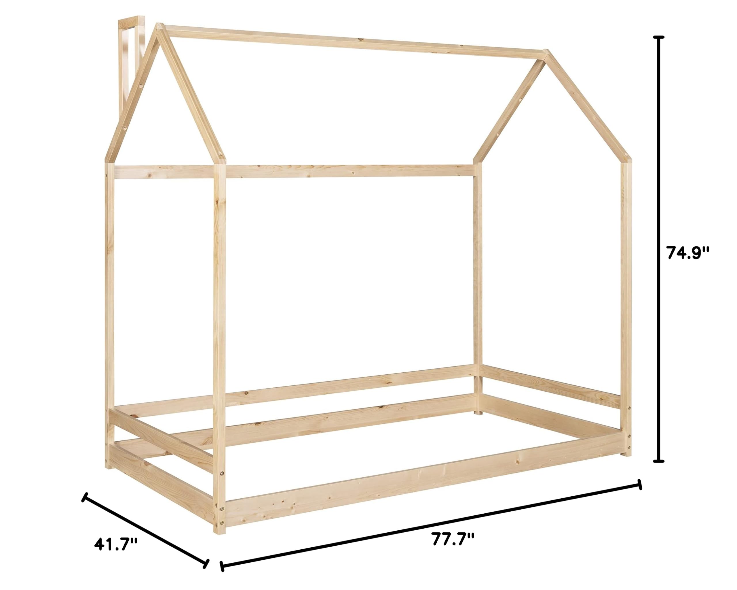 **AOCOROE Twin Size Wooden House Bed Frame for Kids - Playhouse Design with Canopy & Tent, Low Floor Height, Natural Finish - Perfect for Bedroom, Playroom, and Nursery Decor**