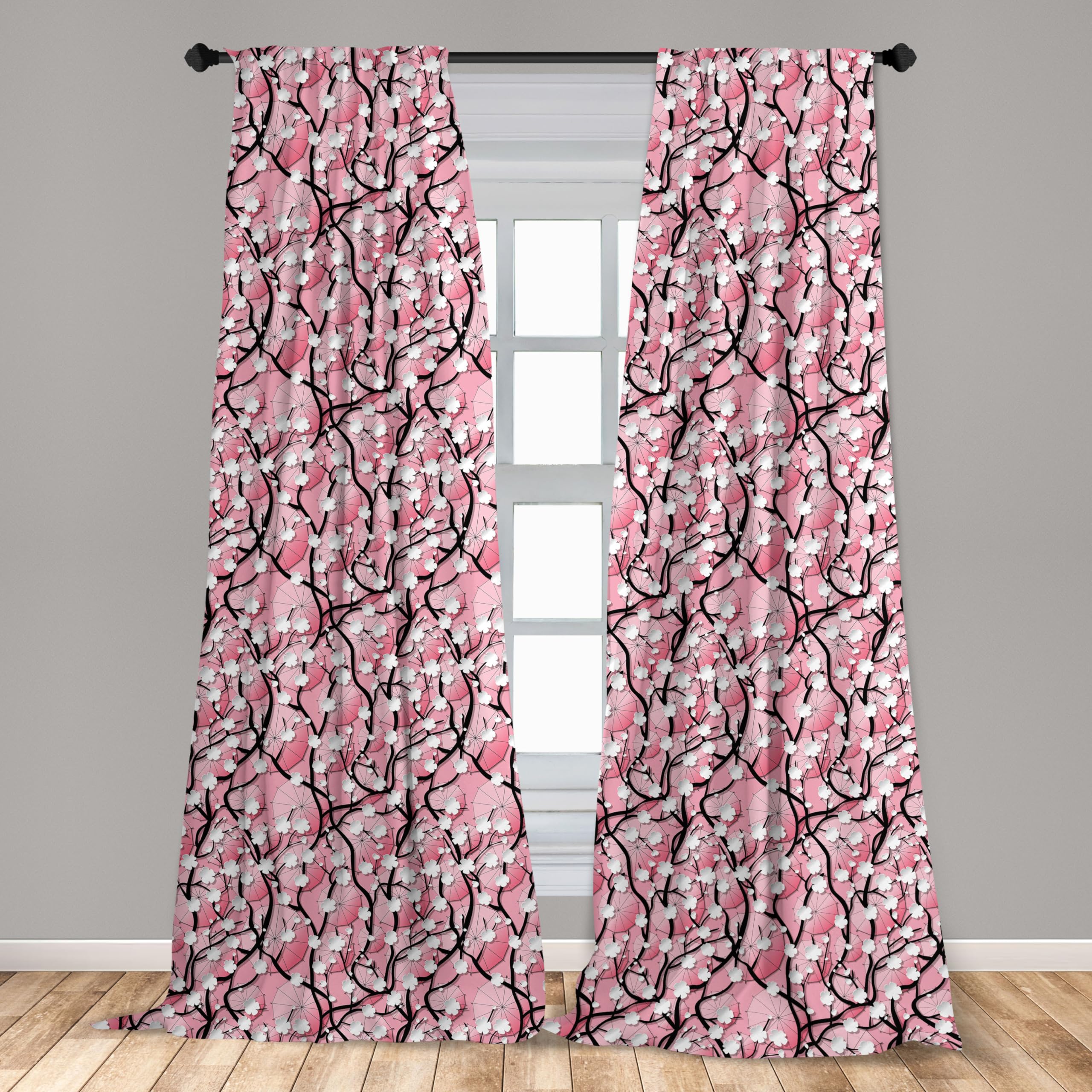 Ambesonne Japanese Cherry Blossom Window Curtains - Sakura Tree Flowers with Umbrellas & Curved Branches Romantic Art Print, Lightweight Black Pink Home Decor (2 Panels, 28x84 Inches, Rod Pocket) - Perfect for Living Room, Bedroom & Asian-Themed Interior Design