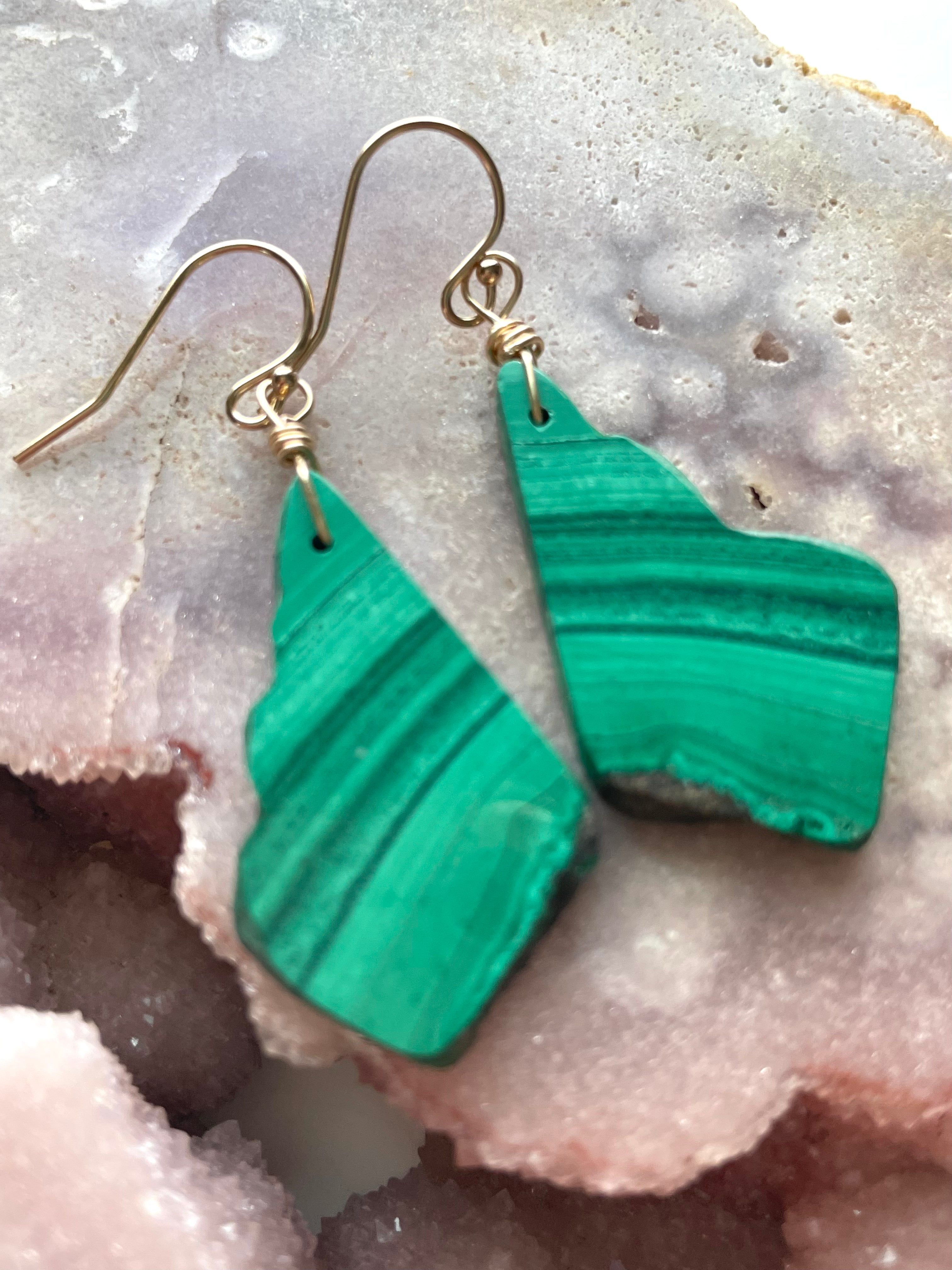 14kt Gold Filled Long Malachite Crystal Dangle Earrings - Handmade Boho Chic Jewelry for Women, Gift for Her | Perfect for Parties, Weddings & Special Occasions