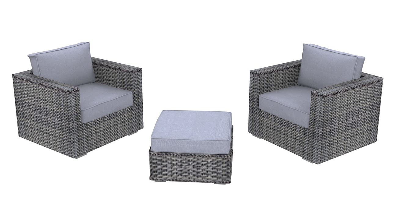 2 Seater Outdoor Patio Furniture Set - 3-Piece Garden Bistro Set with Club Chair & Ottoman - Waterproof & Fade Resistant Sunbrella Fabric Rattan Wicker (Grey) - Perfect for Backyard, Balcony or Poolside Relaxation