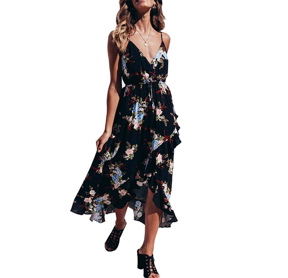 Elegant Women's Maxi Dress - Deep V Neck Sleeveless Floral Bodycon Party Cocktail Dress for Summer Vacation & Beach Holiday | Perfect for Weddings, Date Nights & Tropical Getaways