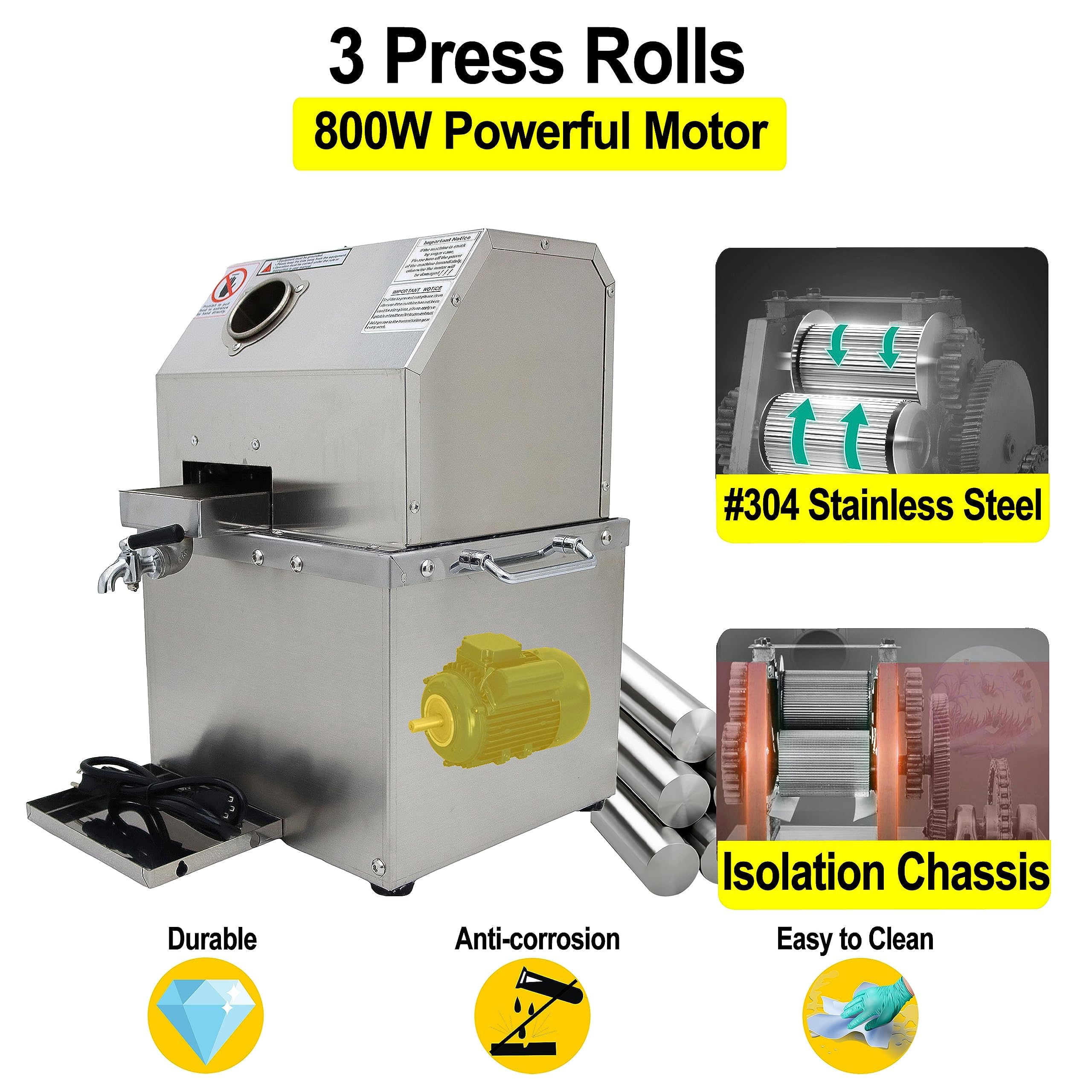 TECHTONGDA 110V 800W Commercial Electric Sugar Cane Juicer Machine - 3 Stainless Steel Rollers, 2 Peeling Knives, 660 LBS/H Output - Perfect for Juice Bars, Restaurants & Street Vendors