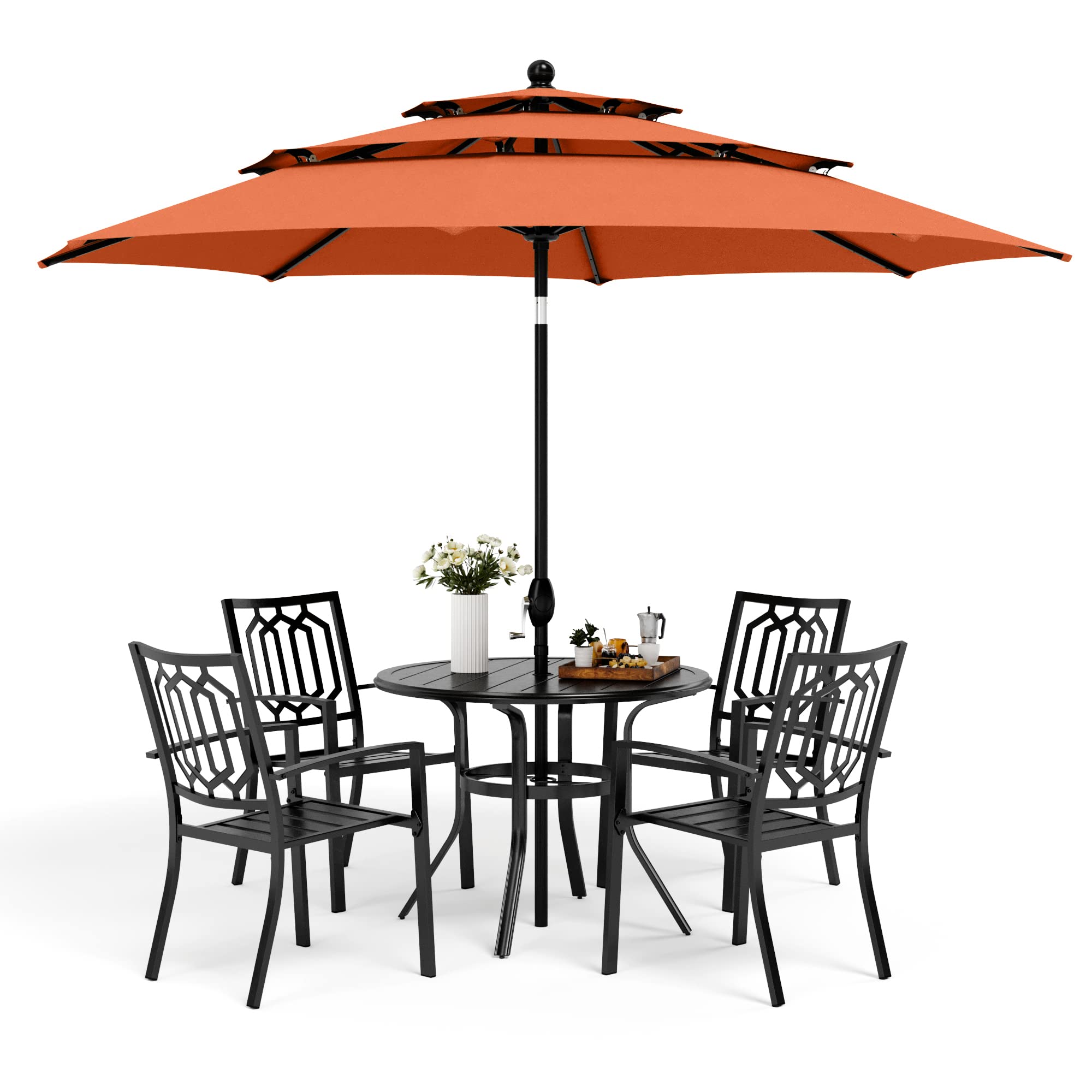 MFSTUDIO 6-Piece Outdoor Patio Dining Set with 4 Stackable Chairs, 1 Round Table & 10ft Umbrella (Orange Red) - Perfect for Backyard BBQs, Garden Parties & Poolside Relaxation (Base Not Included)