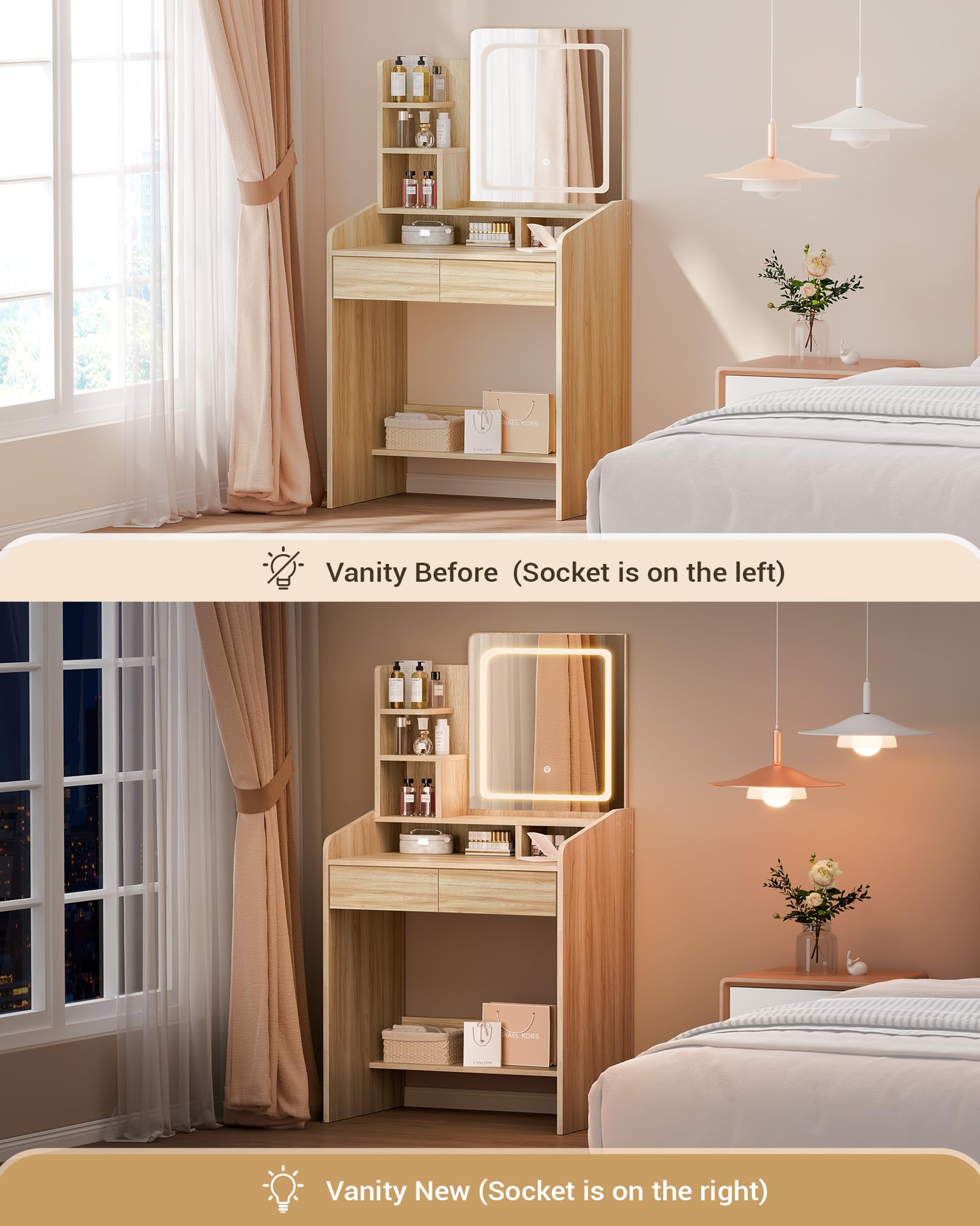 Elegant Small Vanity Desk Set with Square Mirror & LED Lights - Wooden Dressing Table with Storage Drawers - Perfect for Bedroom Makeup & Jewelry Organization
