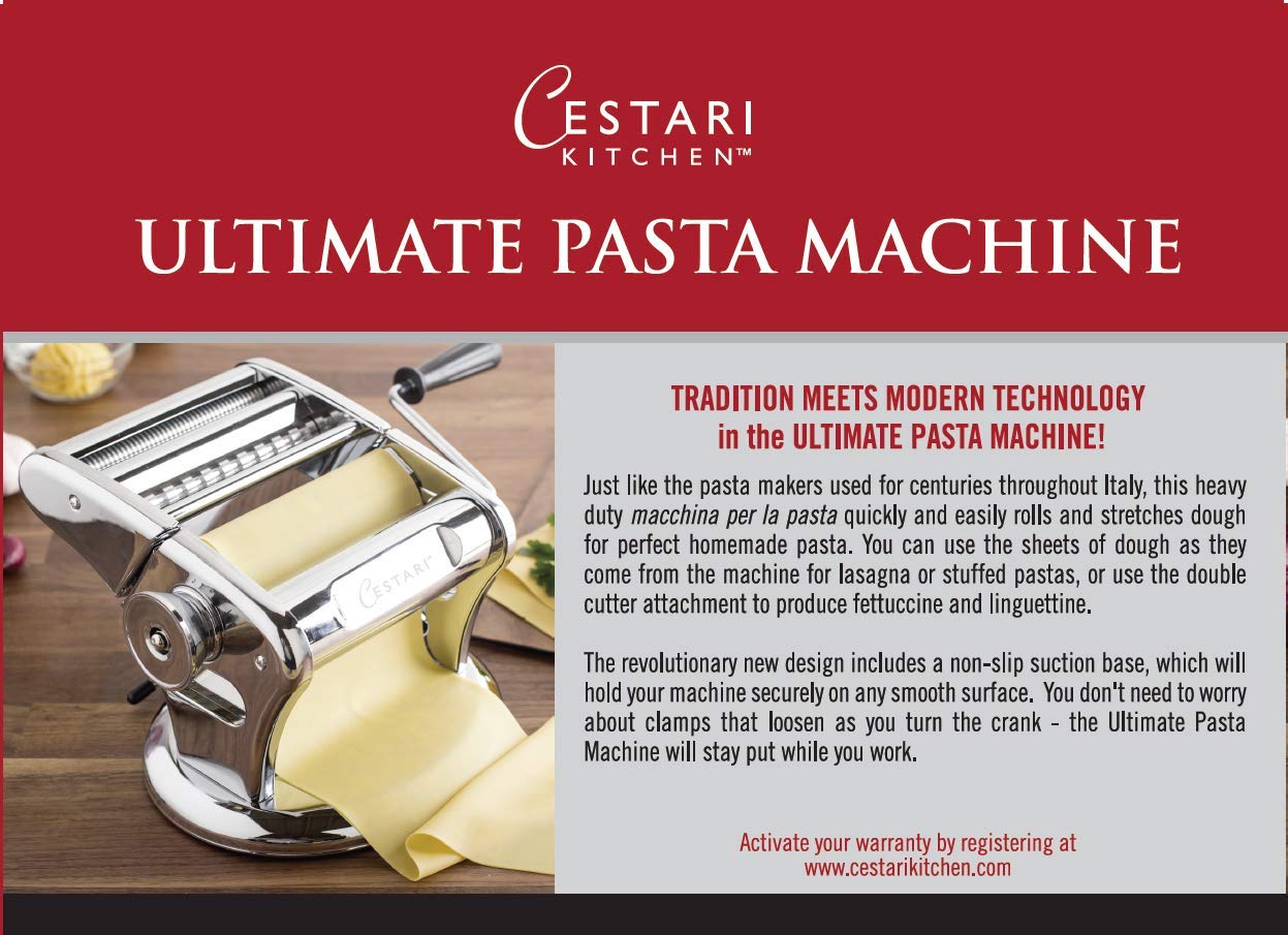Cestari Stainless Steel Pasta Maker Machine - 150mm Roller with Patented Non-Slip Suction Base - Includes Pasta Cutter, Hand Crank & Italian Recipes - Perfect for Homemade Pasta, Ravioli & Noodle Making at Home