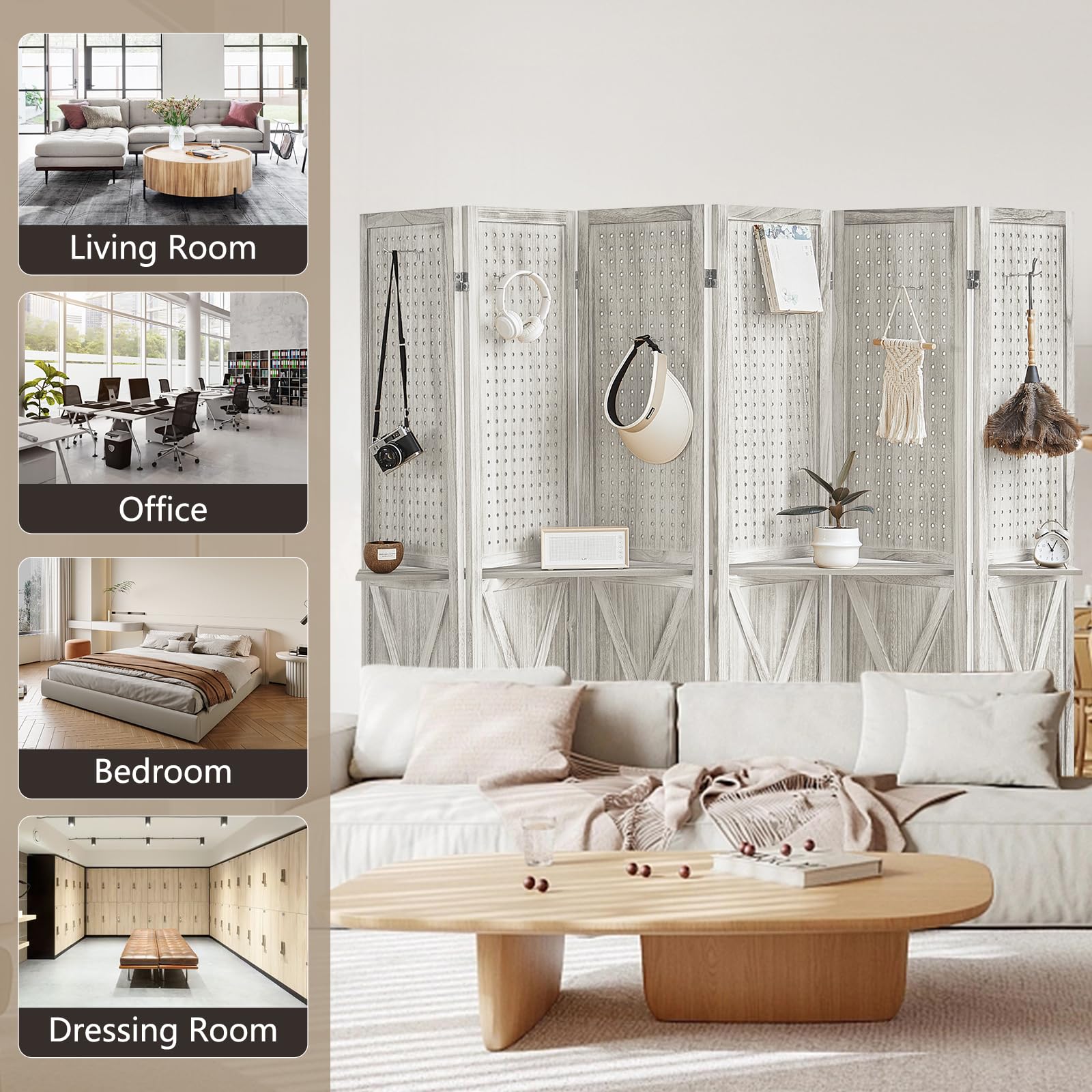 6 Panel Wood Room Divider with Shelves - Foldable Privacy Screen & Pegboard Display - Portable Partition Wall for Home, Office, Store (Off White) - Perfect for Space Division, Room Organization & Retail Displays