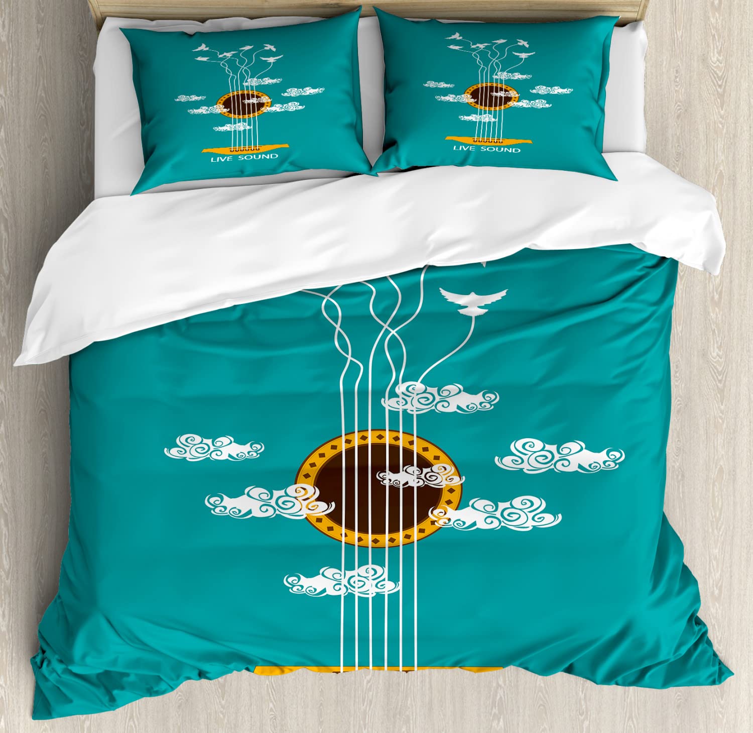 Ambesonne Guitar Duvet Cover Set - King Size 2-Pack with 2 Duvet Covers & 4 Pillowcases, Abstract Music Theme Featuring Birds on Strings and Clouds Design in Turquoise Marigold White | Perfect for Musicians' Bedrooms, Music Lovers' Homes, and Unique Gift Ideas