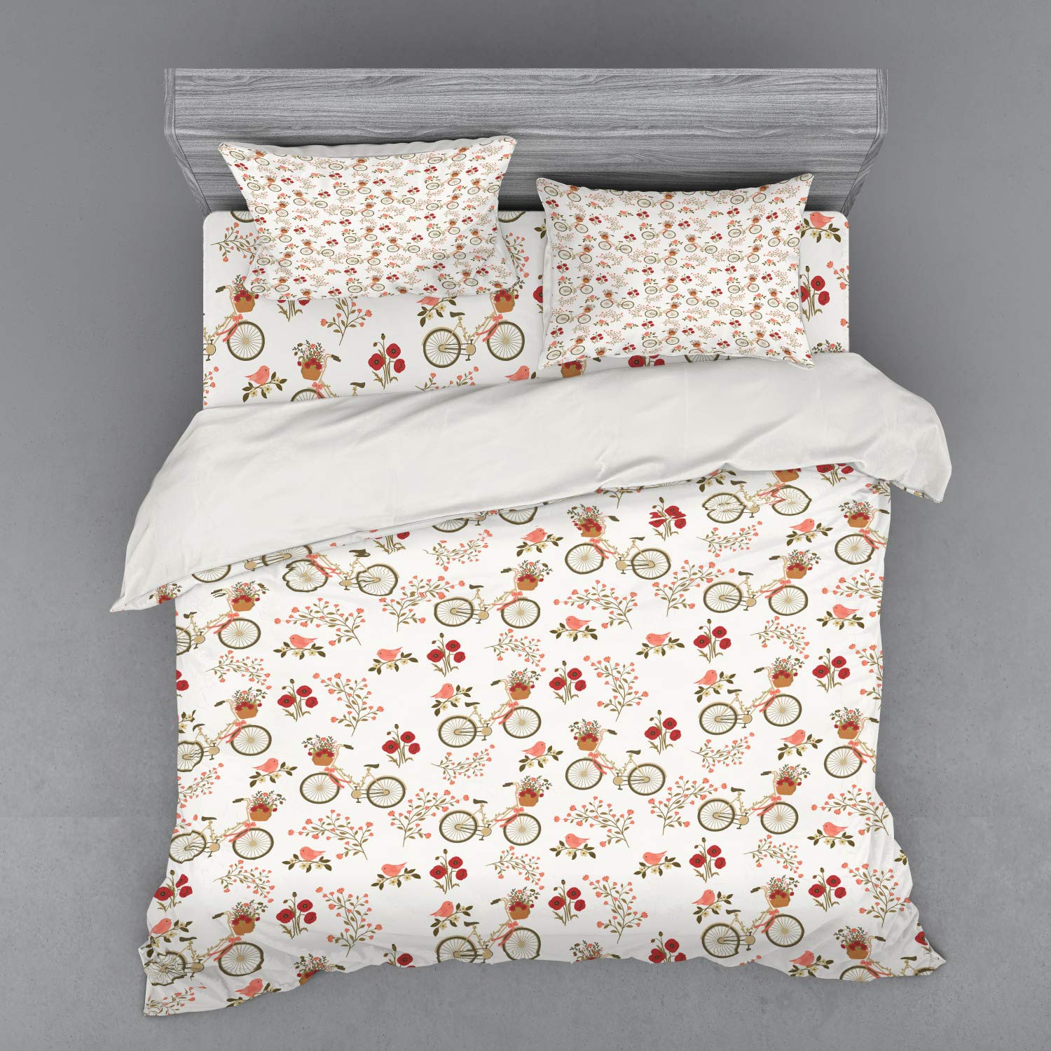 Ambesonne Floral Bedding Set - Vintage Romantic Bicycle & Flower Basket Design with Poppies & Love Birds, 4-Piece King Size Duvet Cover Set with Pillow Shams & Fitted Sheet, Multicolor Spring Collection | Perfect for Master Bedroom, Guest Room & Spring Season Decor