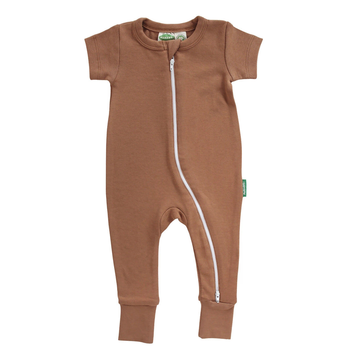 Parade Organics Caramel Brown 2-Way Zip Short Sleeve Romper for Baby - Soft Cotton Jumpsuit for Boys & Girls - Perfect for Playtime & Casual Outings